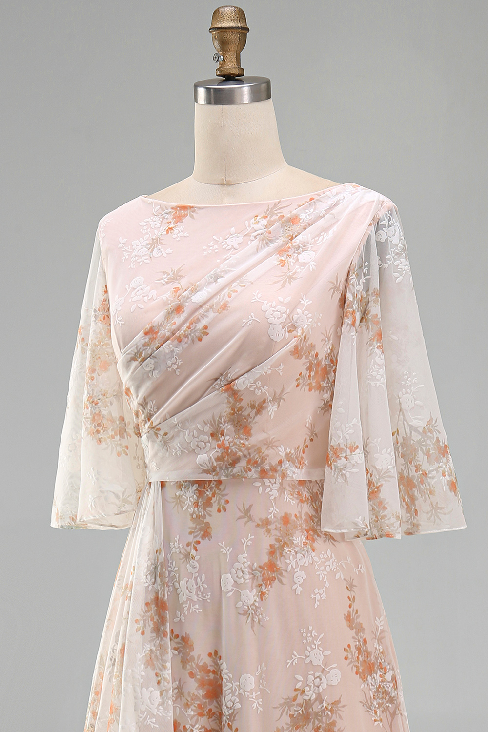 Champagne Sheath Bateau Neck Ruffled Long Floral Mother of the Bride Dress