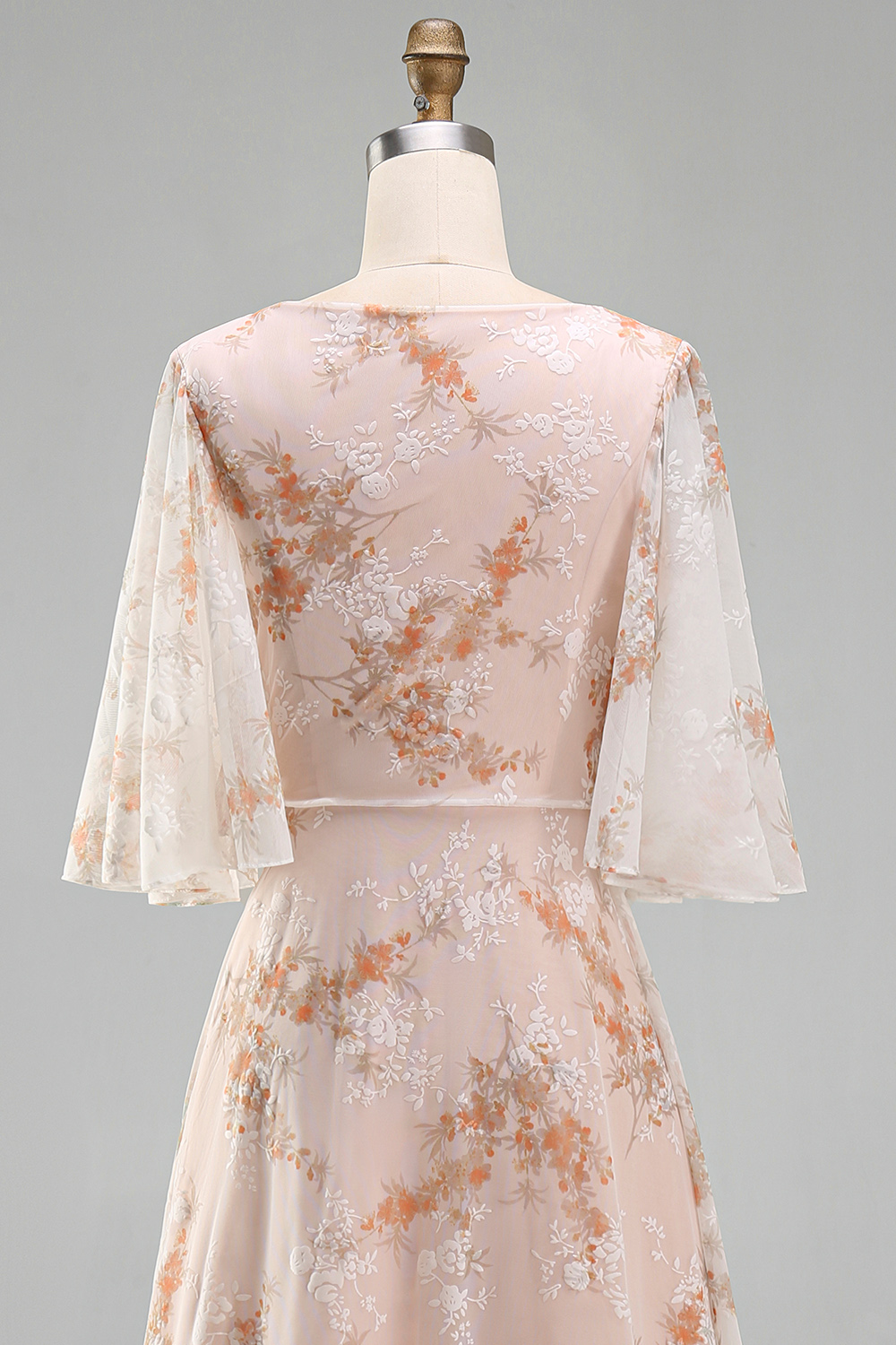 Champagne Sheath Bateau Neck Ruffled Long Floral Mother of the Bride Dress