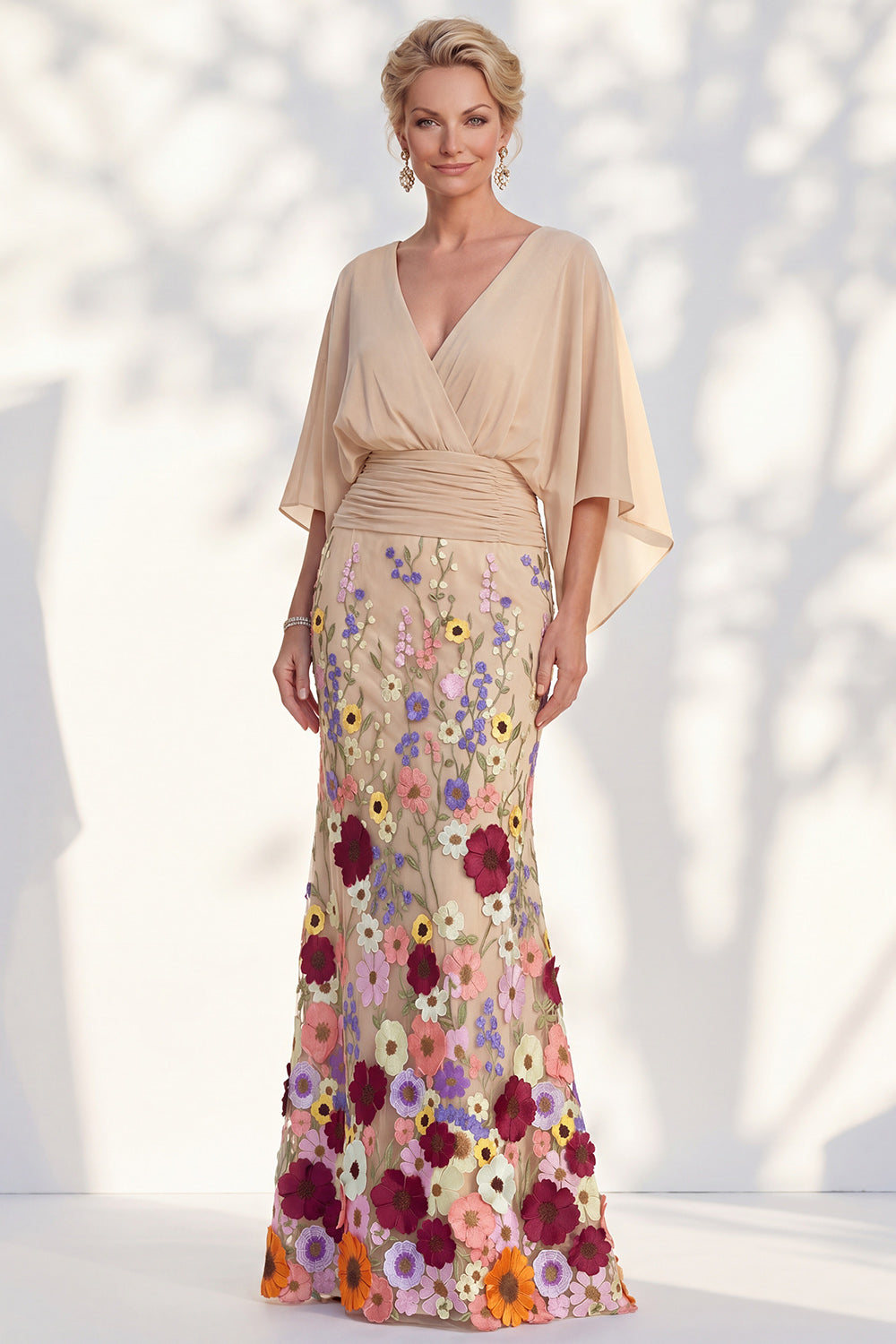 Mermaid Champagne Long Floral V-Neck Mother of the Bride Dress with Sleeves