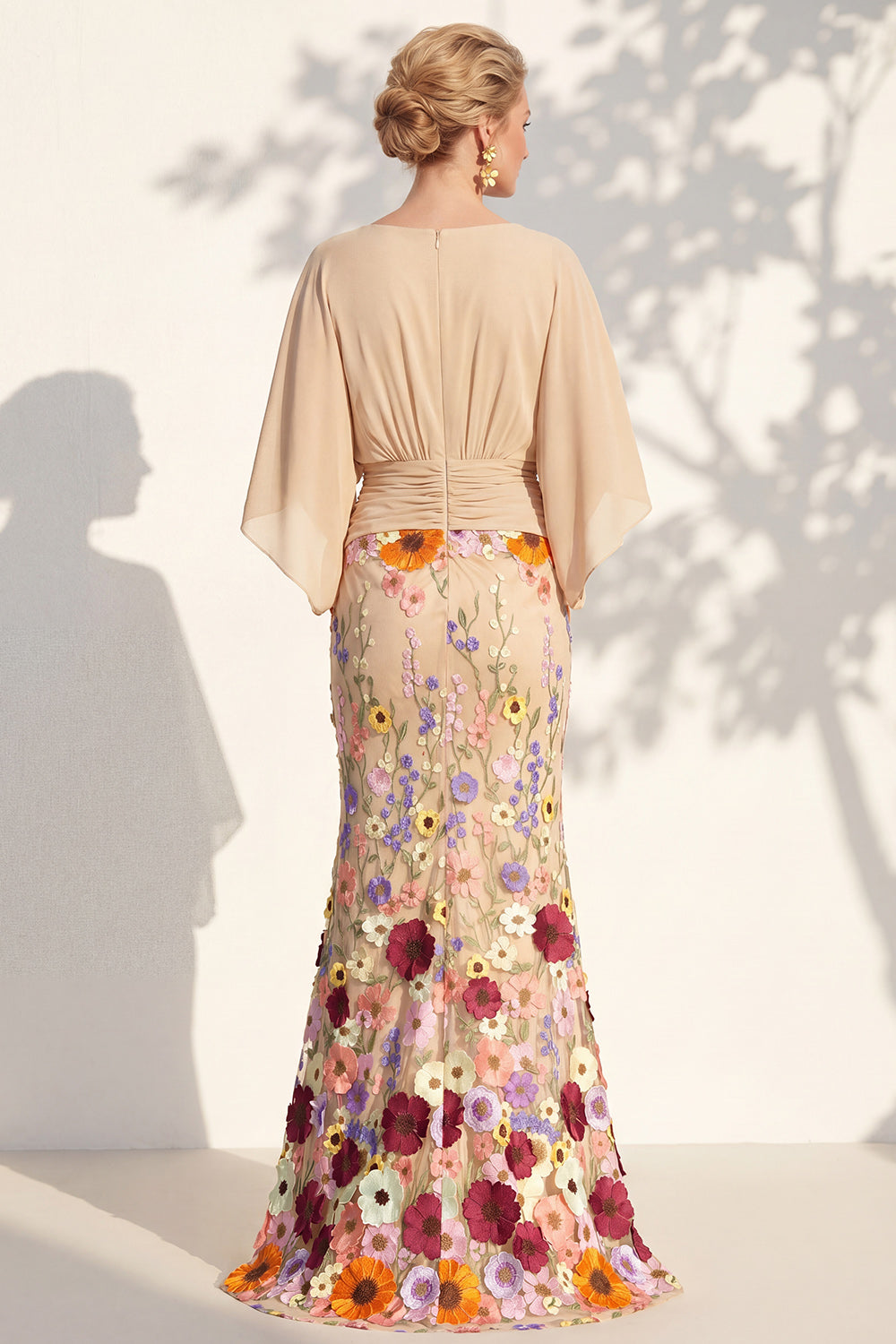Mermaid Champagne Long Floral V-Neck Mother of the Bride Dress with Sleeves
