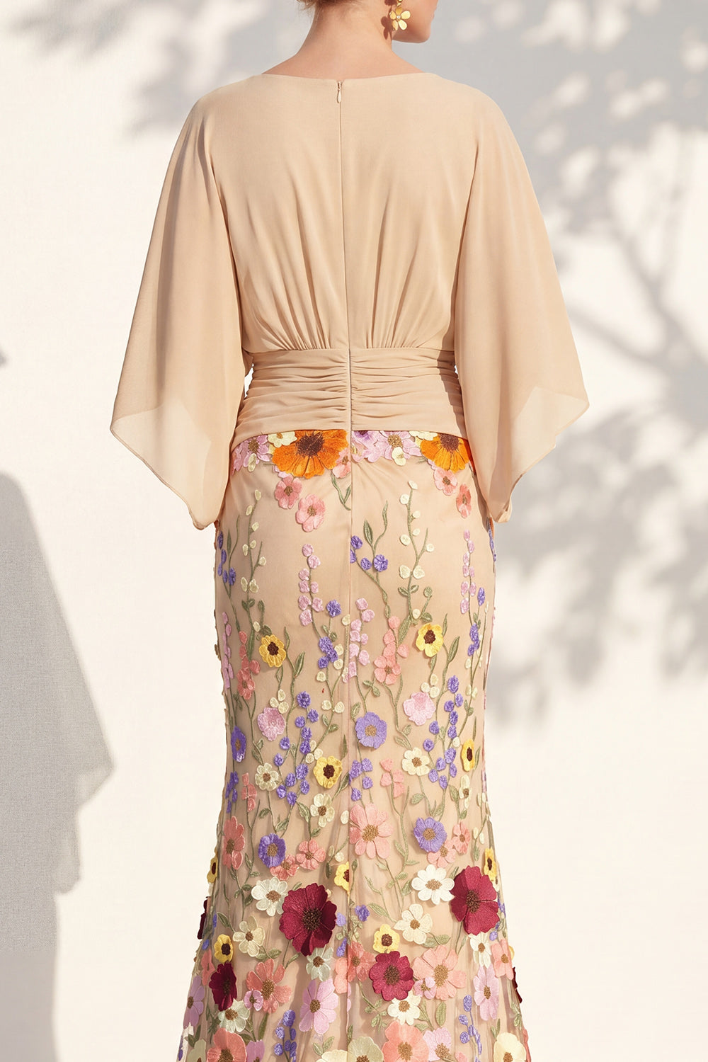 Mermaid Champagne Long Floral V-Neck Mother of the Bride Dress with Sleeves