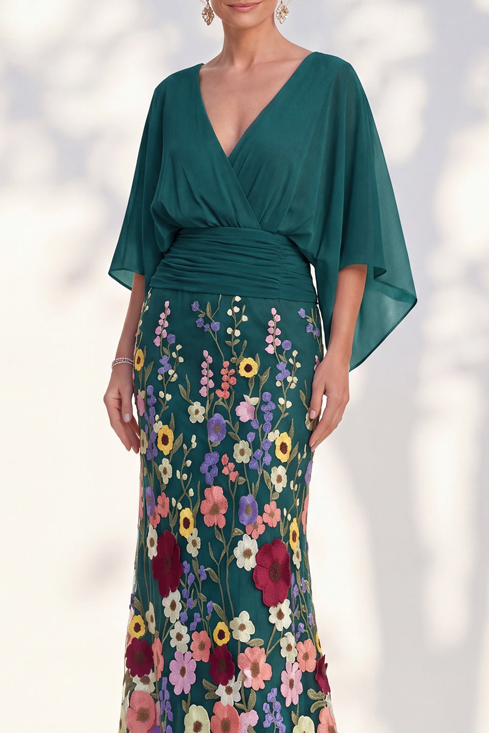 Mermaid Champagne Long Floral V-Neck Mother of the Bride Dress with Sleeves
