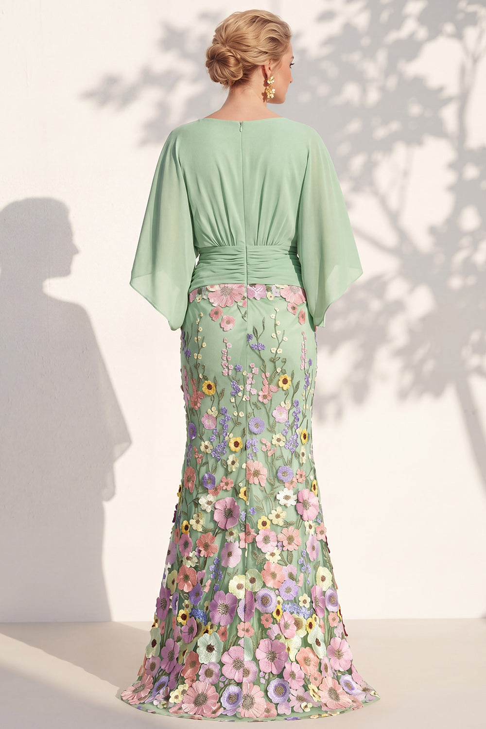 Mermaid Champagne Long Floral V-Neck Mother of the Bride Dress with Sleeves