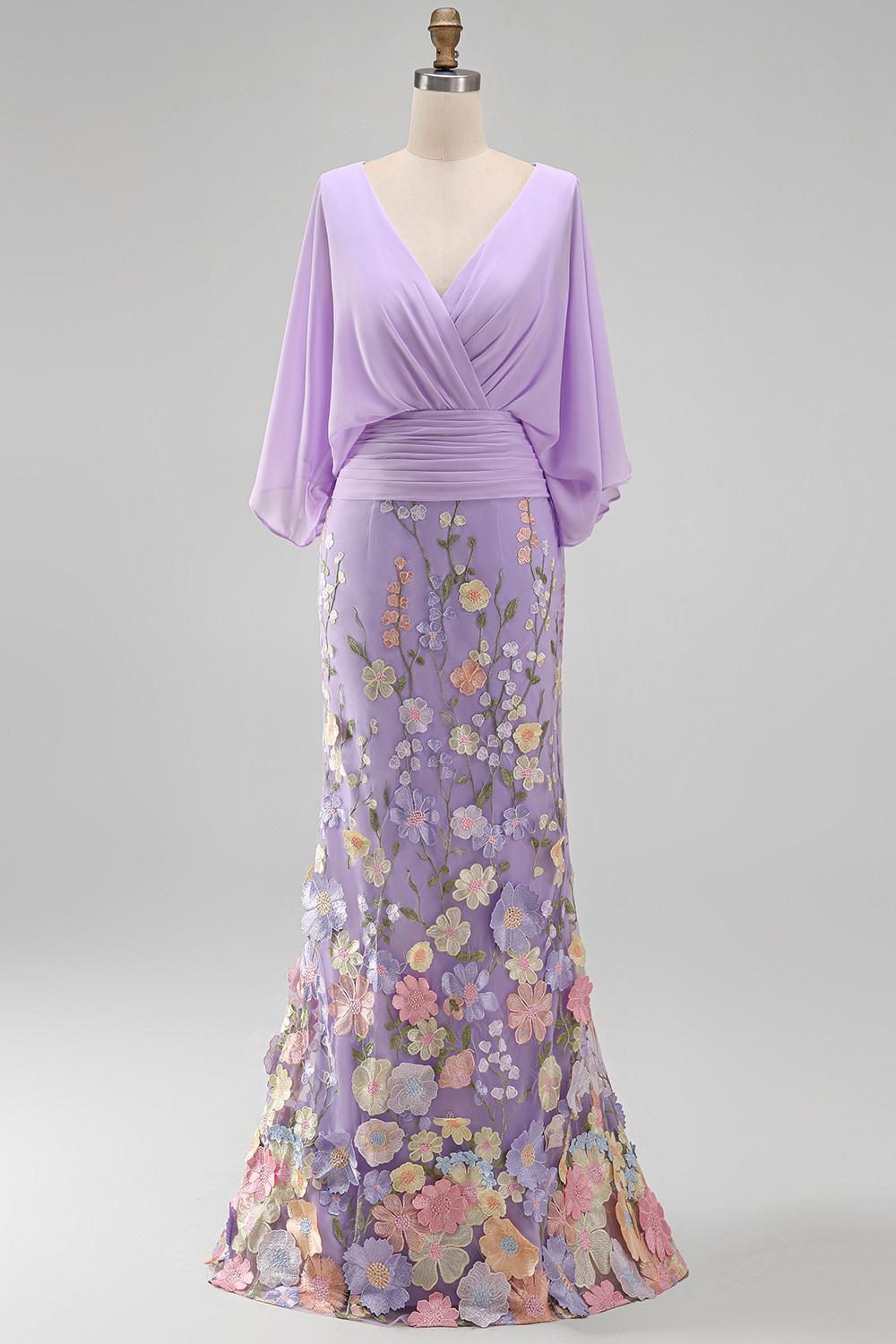 Mermaid Champagne Long Floral V-Neck Mother of the Bride Dress with Sleeves