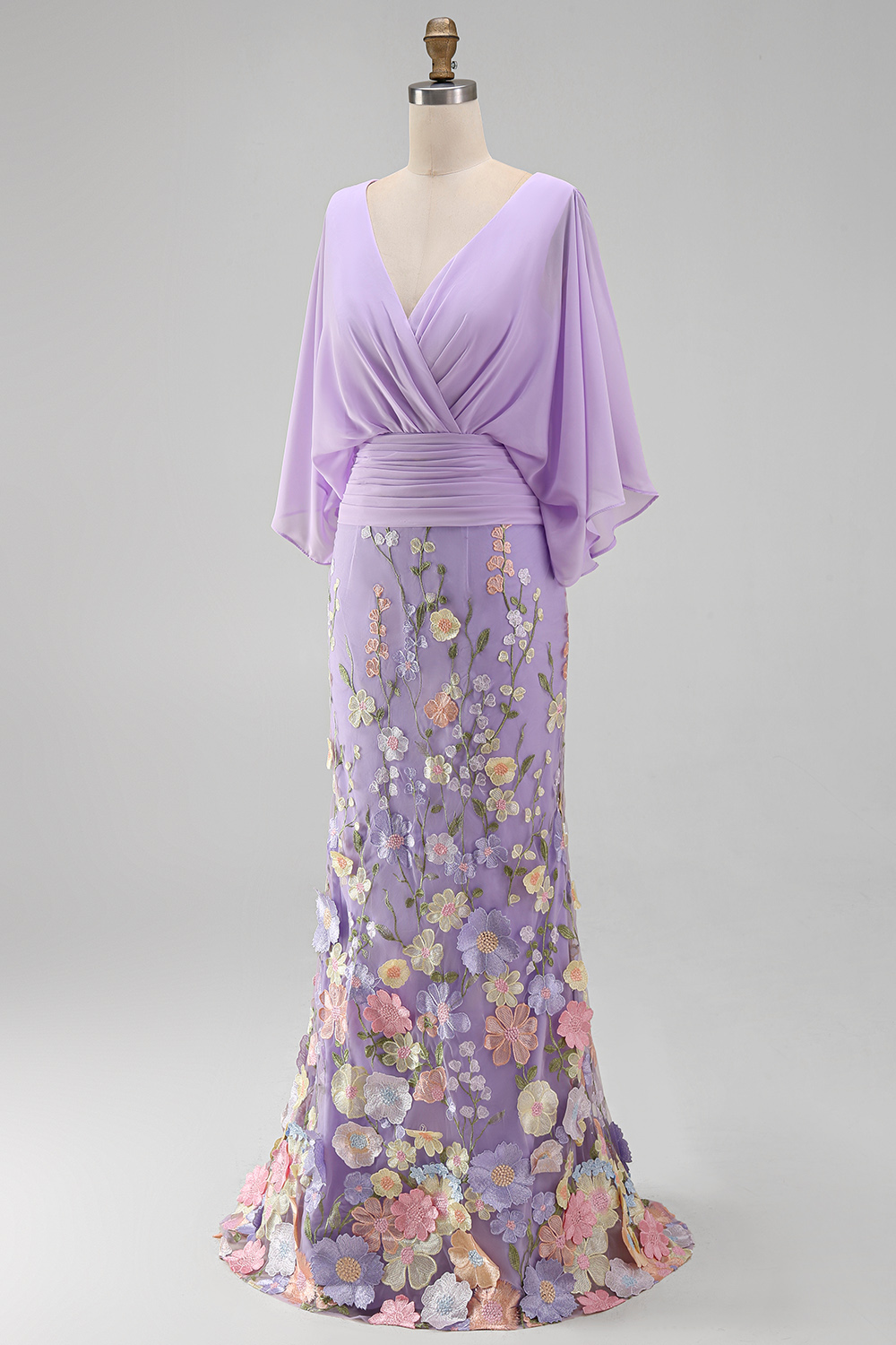 Mermaid Champagne Long Floral V-Neck Mother of the Bride Dress with Sleeves