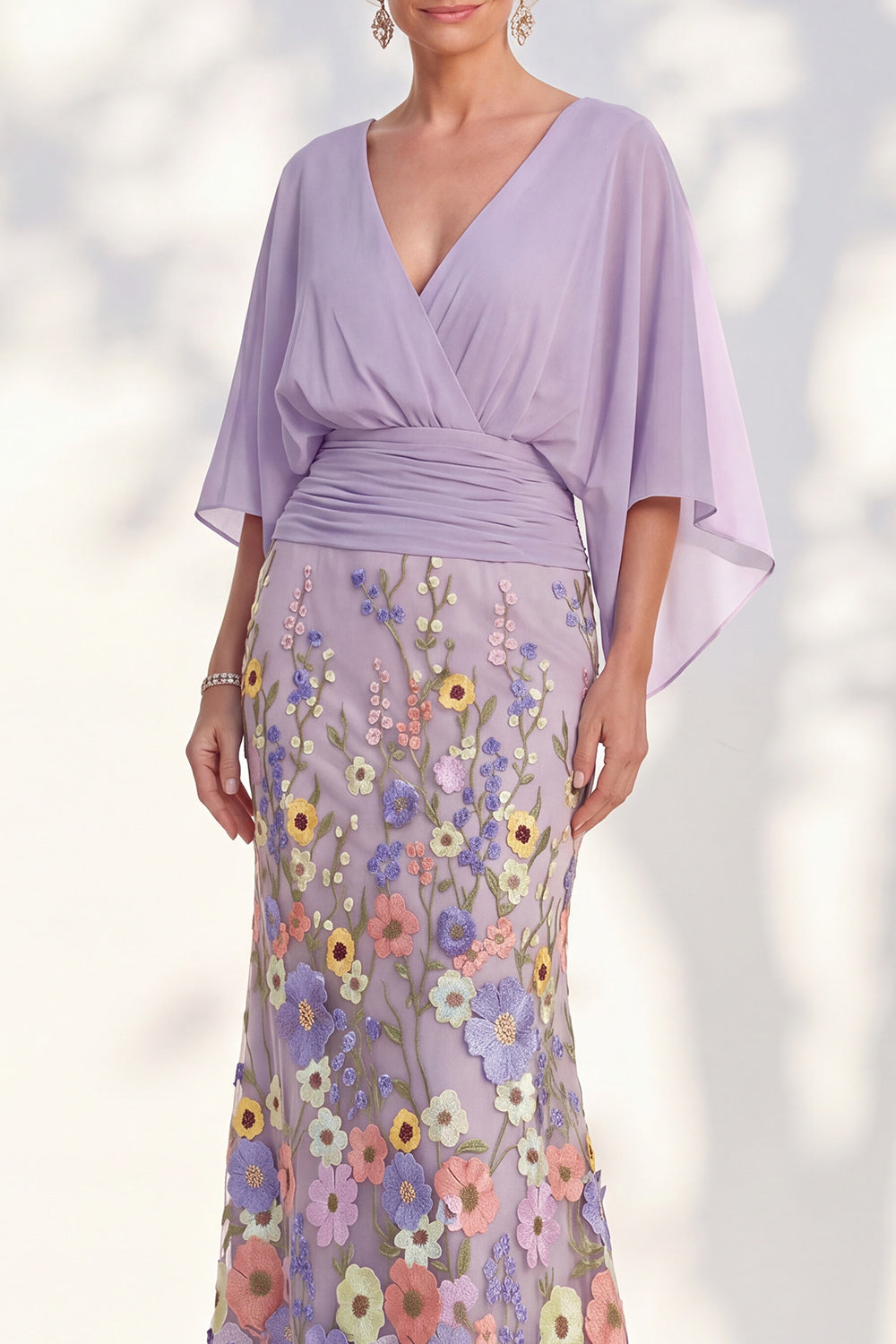 Mermaid Champagne Long Floral V-Neck Mother of the Bride Dress with Sleeves