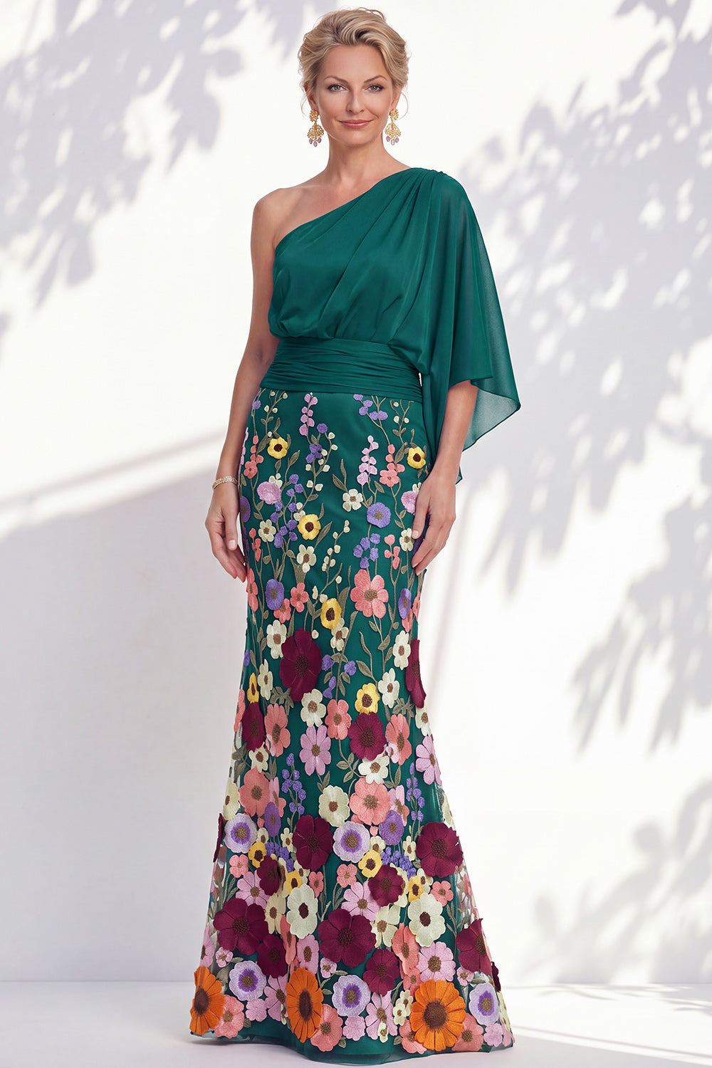 Mermaid Dark Green Long Floral One Shoulder Mother of the Bride Dress with Sleeves