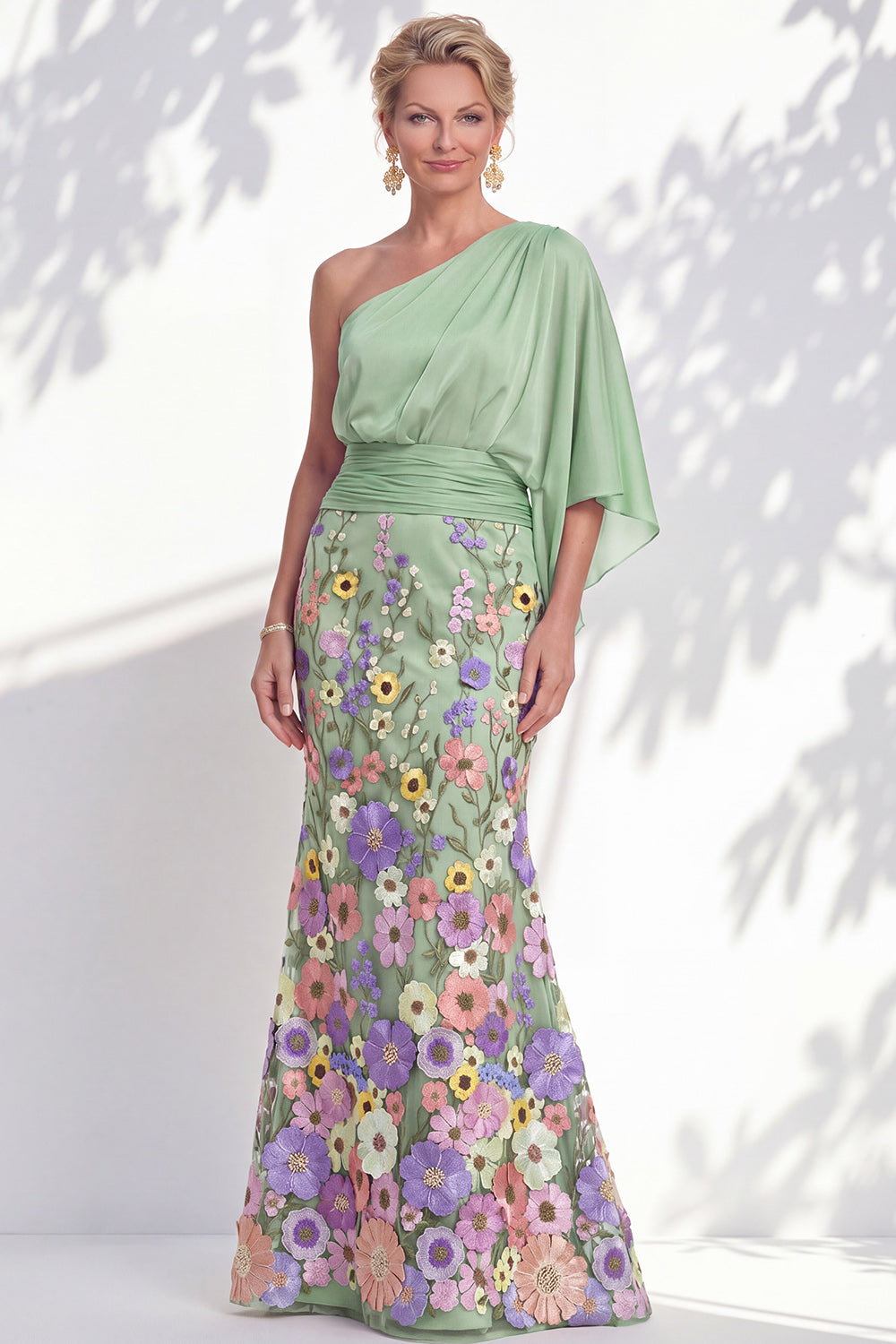 Mermaid Dark Green Long Floral One Shoulder Mother of the Bride Dress with Sleeves