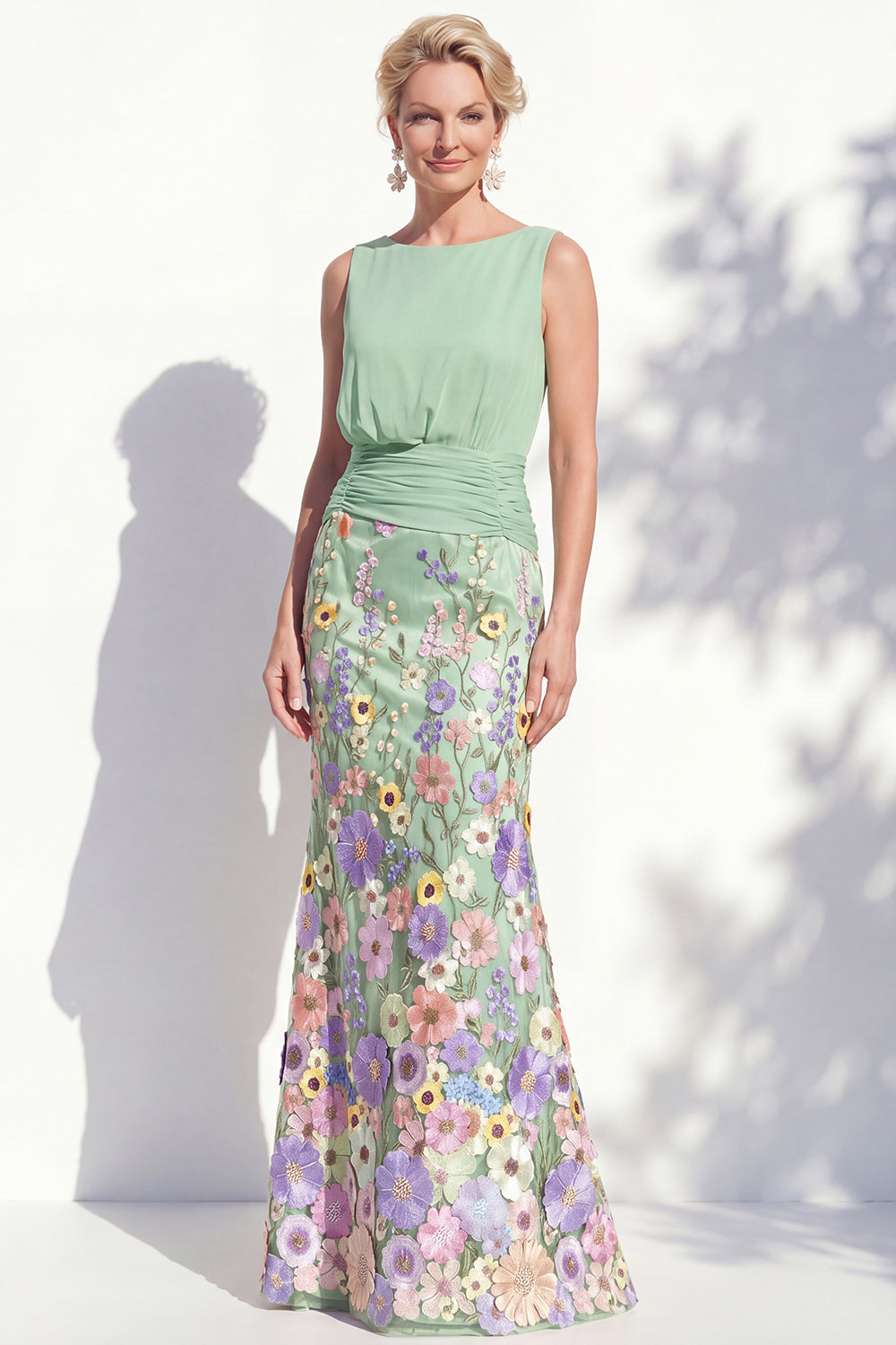 Lilac Long Floral Mermaid Boat Neck Ruched Mother of the Bride Dress