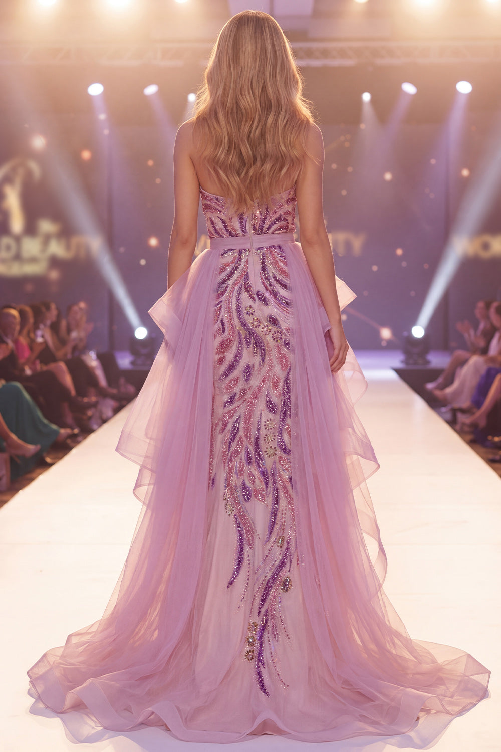 Sparkly Grey Purple Long Beaded Ruffled Mermaid Pageant Dress with Cape