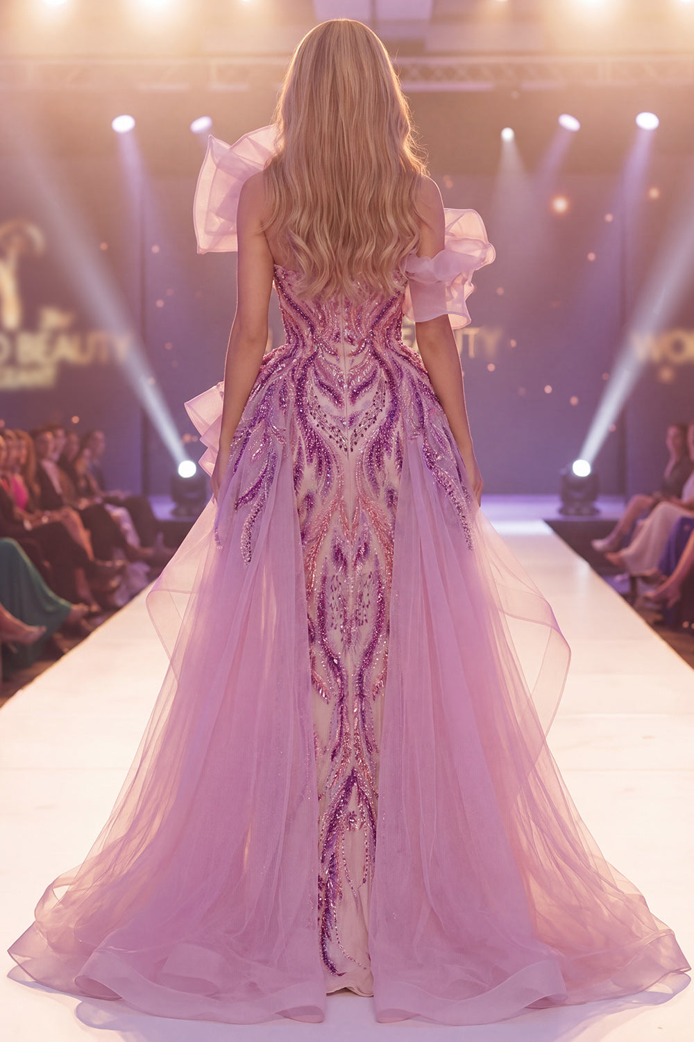 Sparkly Grey Purple Mermaid Long Beaded Ruffled Pageant Dress with Bow
