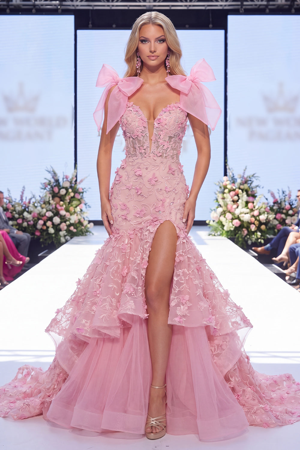 V-Neck Mermaid Floral Pink Ruffled Long Beaded Pageant Dress with Bows