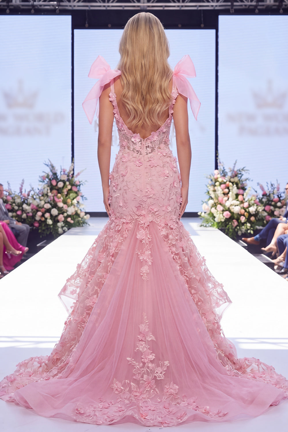V-Neck Mermaid Floral Pink Ruffled Long Beaded Pageant Dress with Bows
