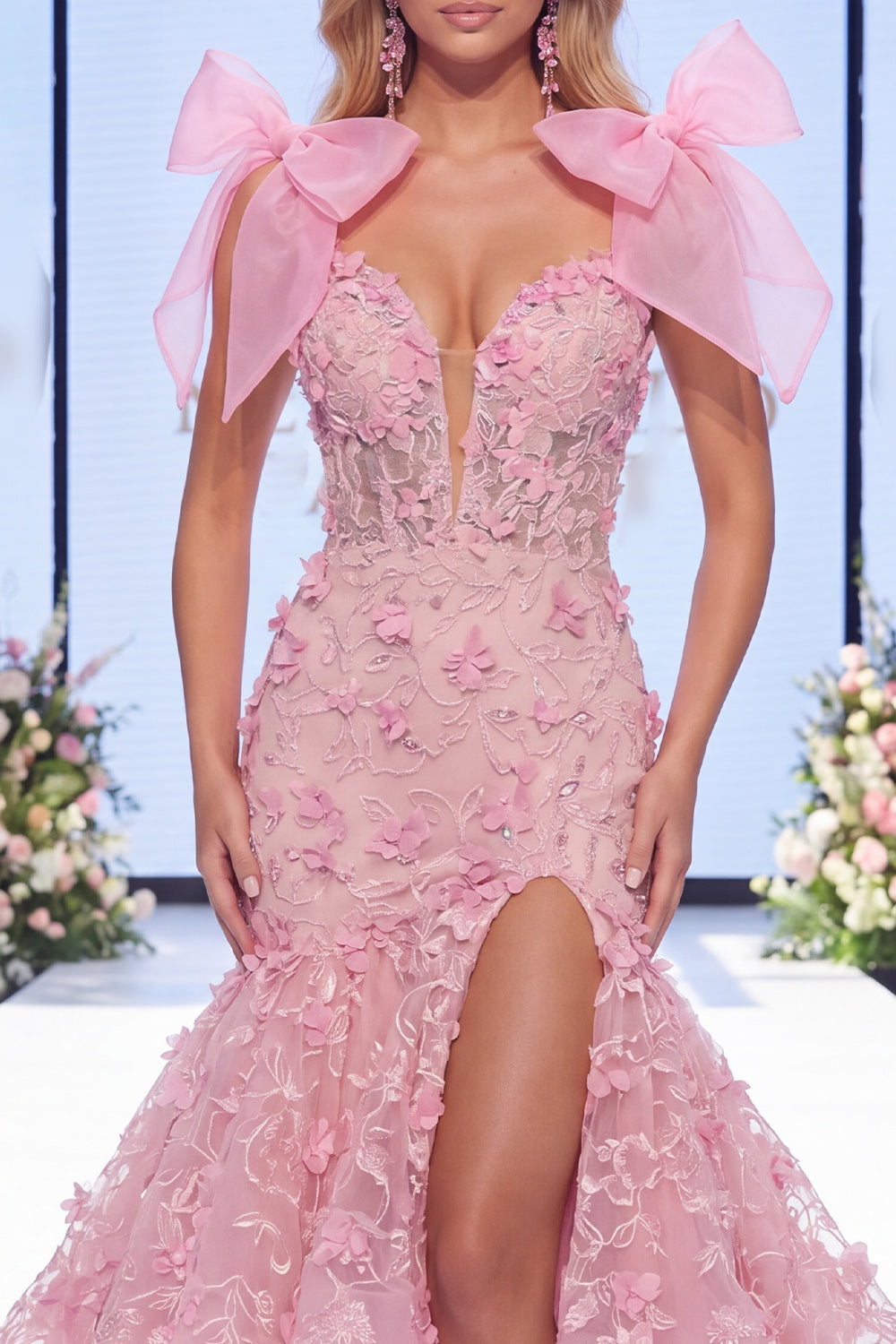 V-Neck Mermaid Floral Pink Ruffled Long Beaded Pageant Dress with Bows