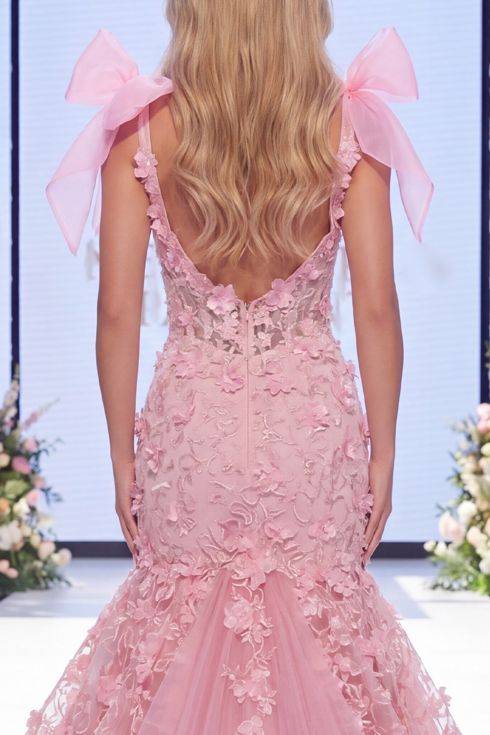 V-Neck Mermaid Floral Pink Ruffled Long Beaded Pageant Dress with Bows