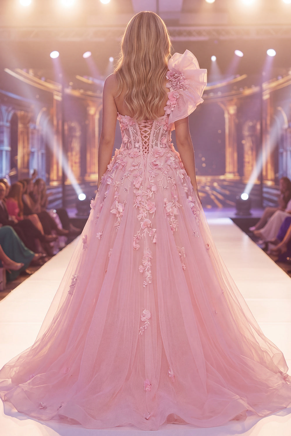 Corset Mermaid Beaded Floral Pink Ruffled Long Pageant Dress with Cape