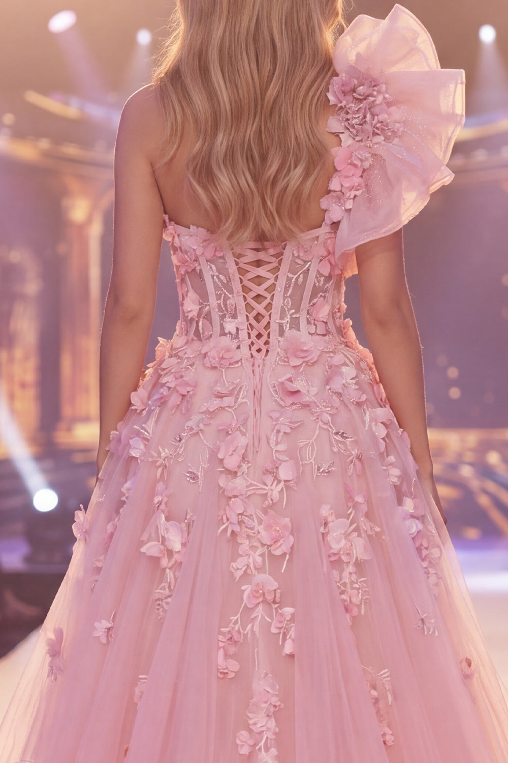 Corset Mermaid Beaded Floral Pink Ruffled Long Pageant Dress with Cape
