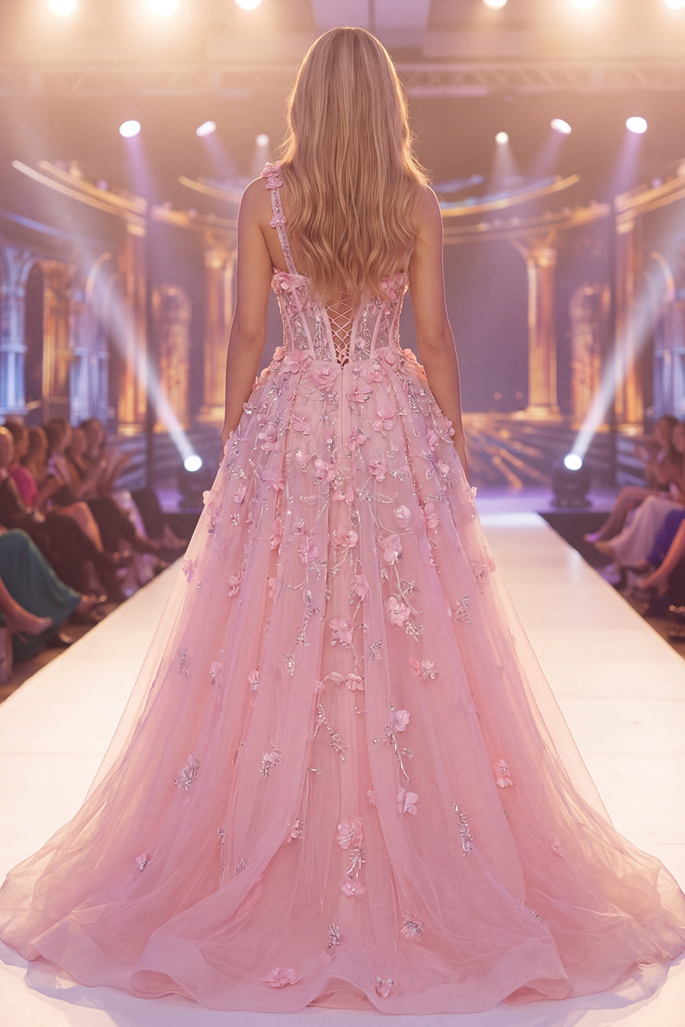 Mermaid Long Cut Out Corset Beaded Floral Sparkly Pink Pageant Dress with Cape
