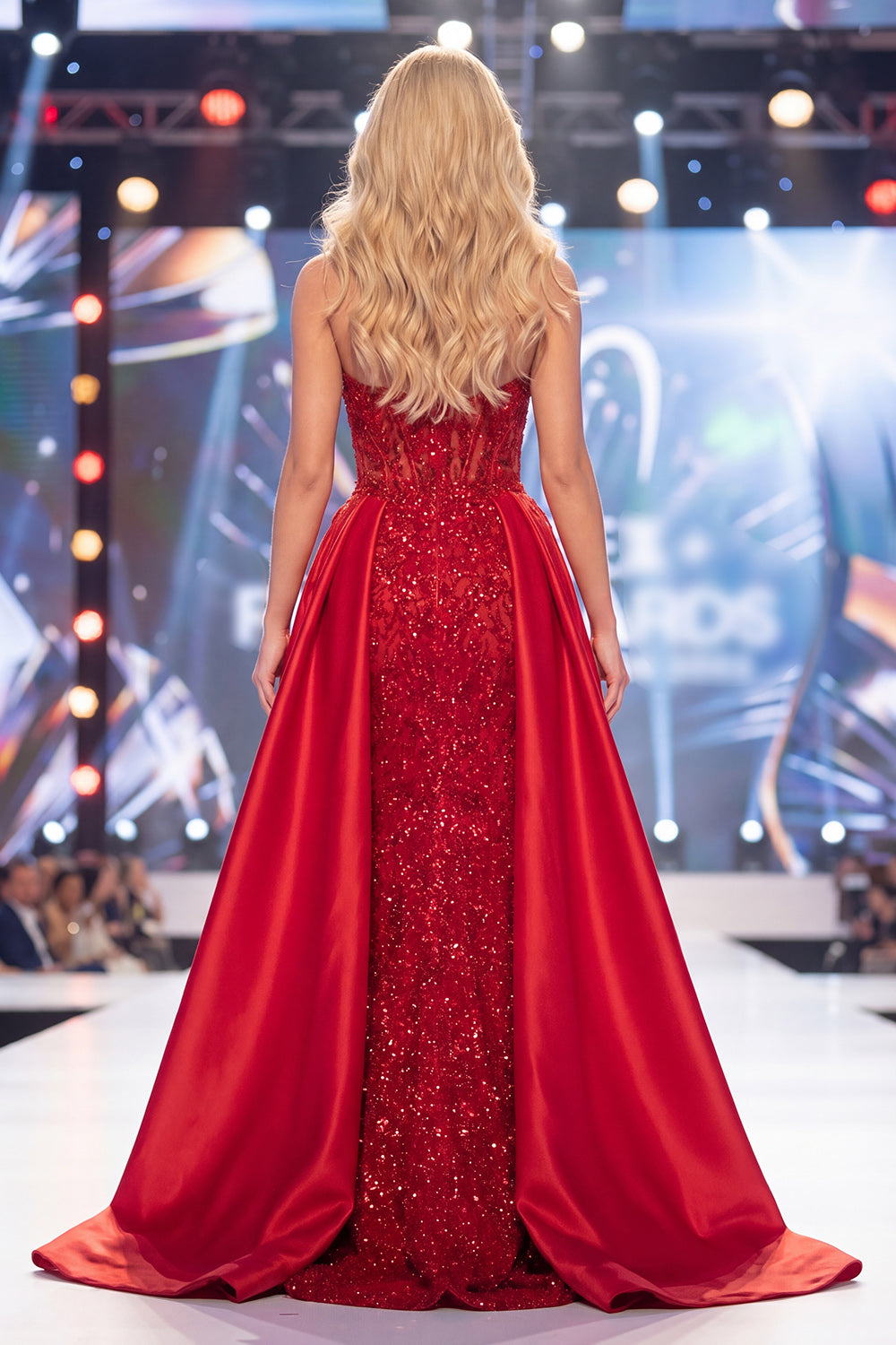 Strapless Beaded Corset Sparkly Red Mermaid Long Pageant Dress with Cape