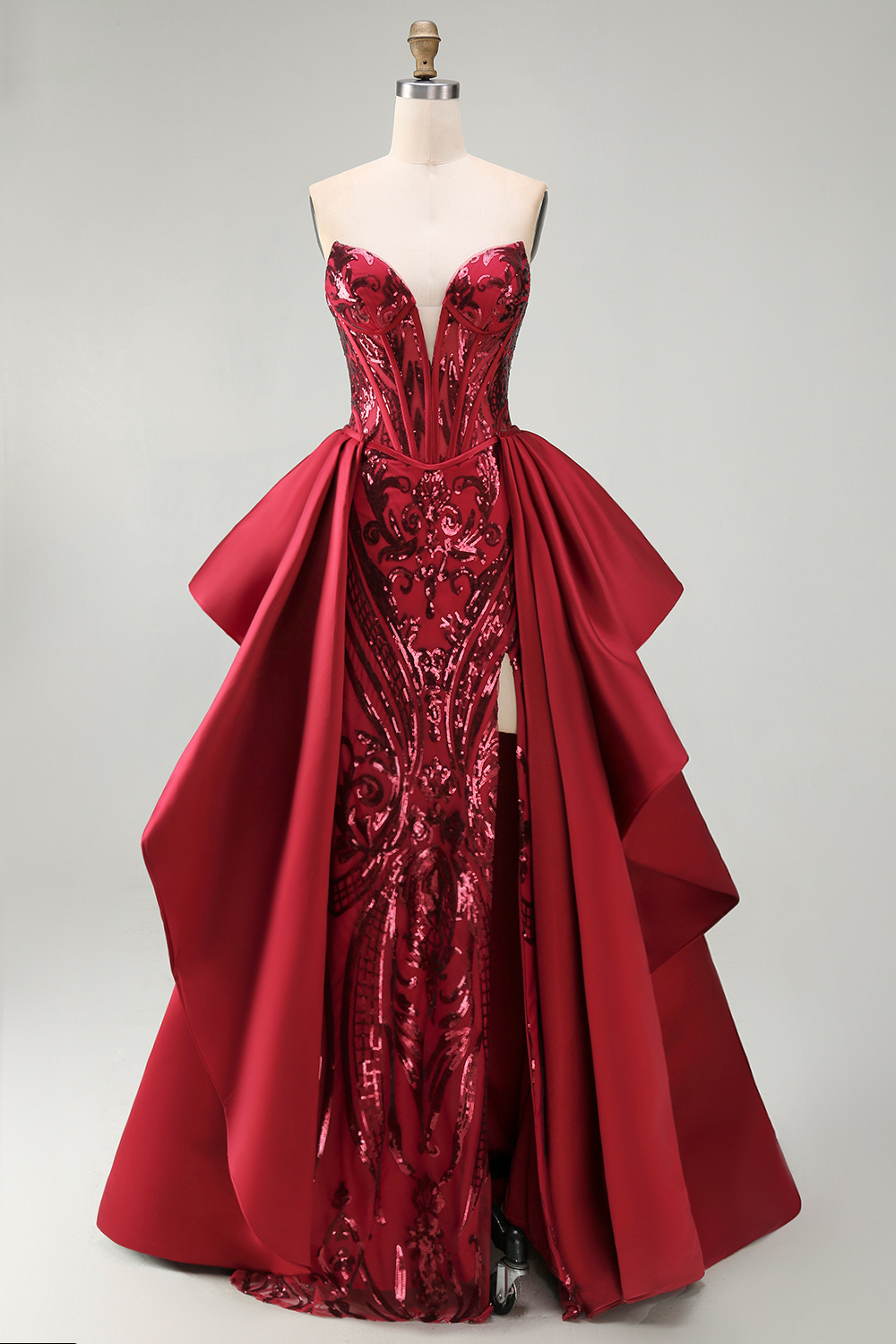 Sparkly Red Mermaid Corset Strapless Long Beaded Pageant Dress with Slit