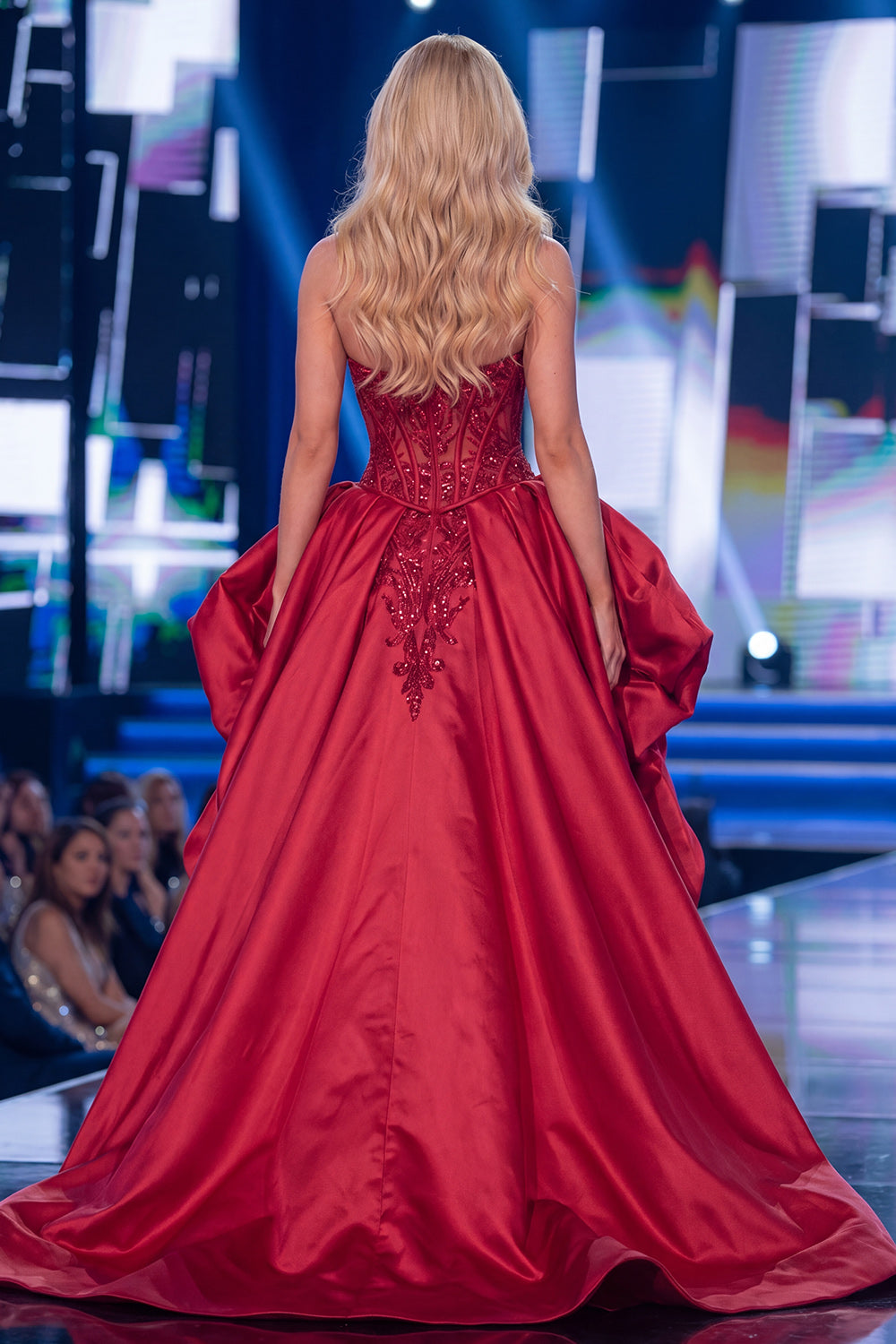 Sparkly Red Mermaid Corset Strapless Long Beaded Pageant Dress with Slit