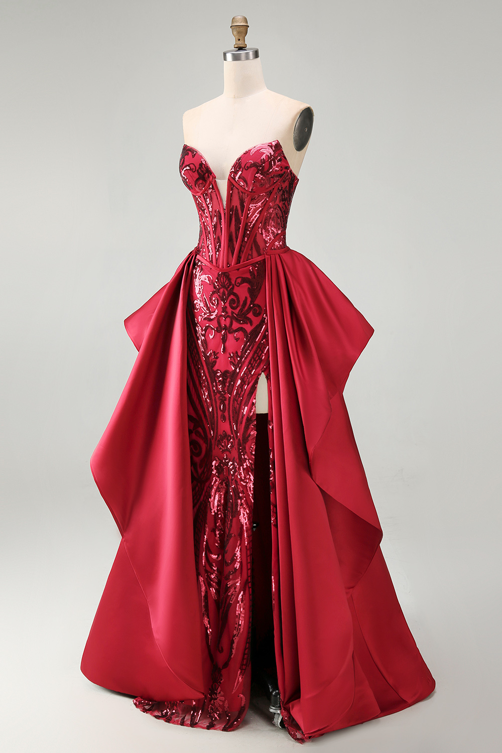Sparkly Red Mermaid Corset Strapless Long Beaded Pageant Dress with Slit