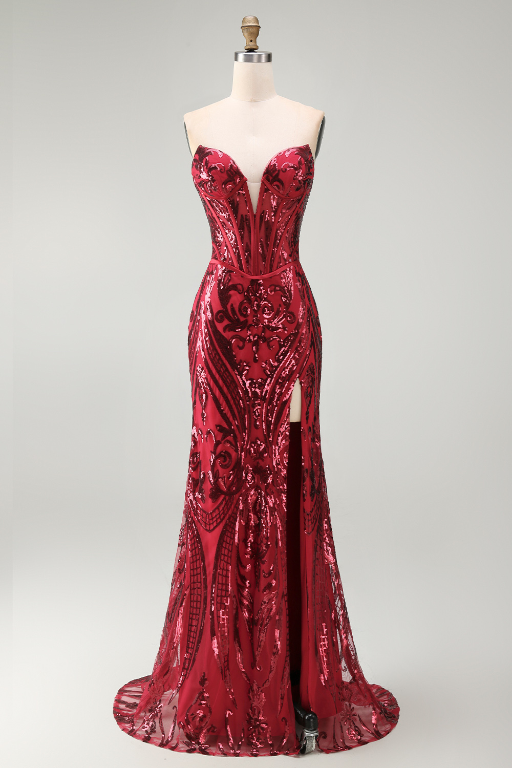 Sparkly Red Mermaid Corset Strapless Long Beaded Pageant Dress with Slit