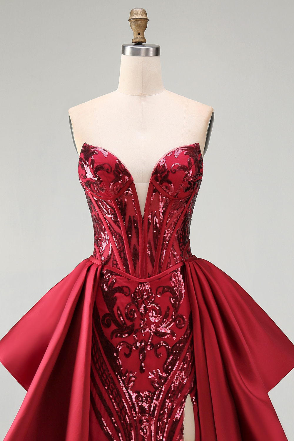Sparkly Red Mermaid Corset Strapless Long Beaded Pageant Dress with Slit
