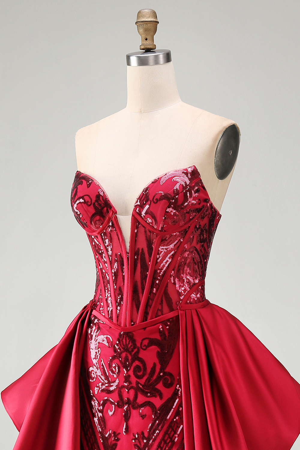 Sparkly Red Mermaid Corset Strapless Long Beaded Pageant Dress with Slit