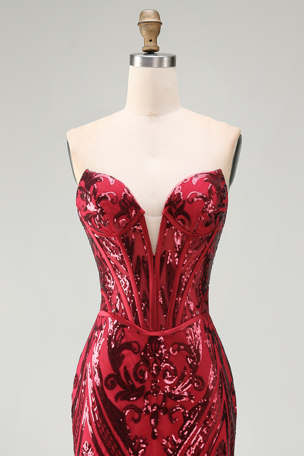 Sparkly Red Mermaid Corset Strapless Long Beaded Pageant Dress with Slit