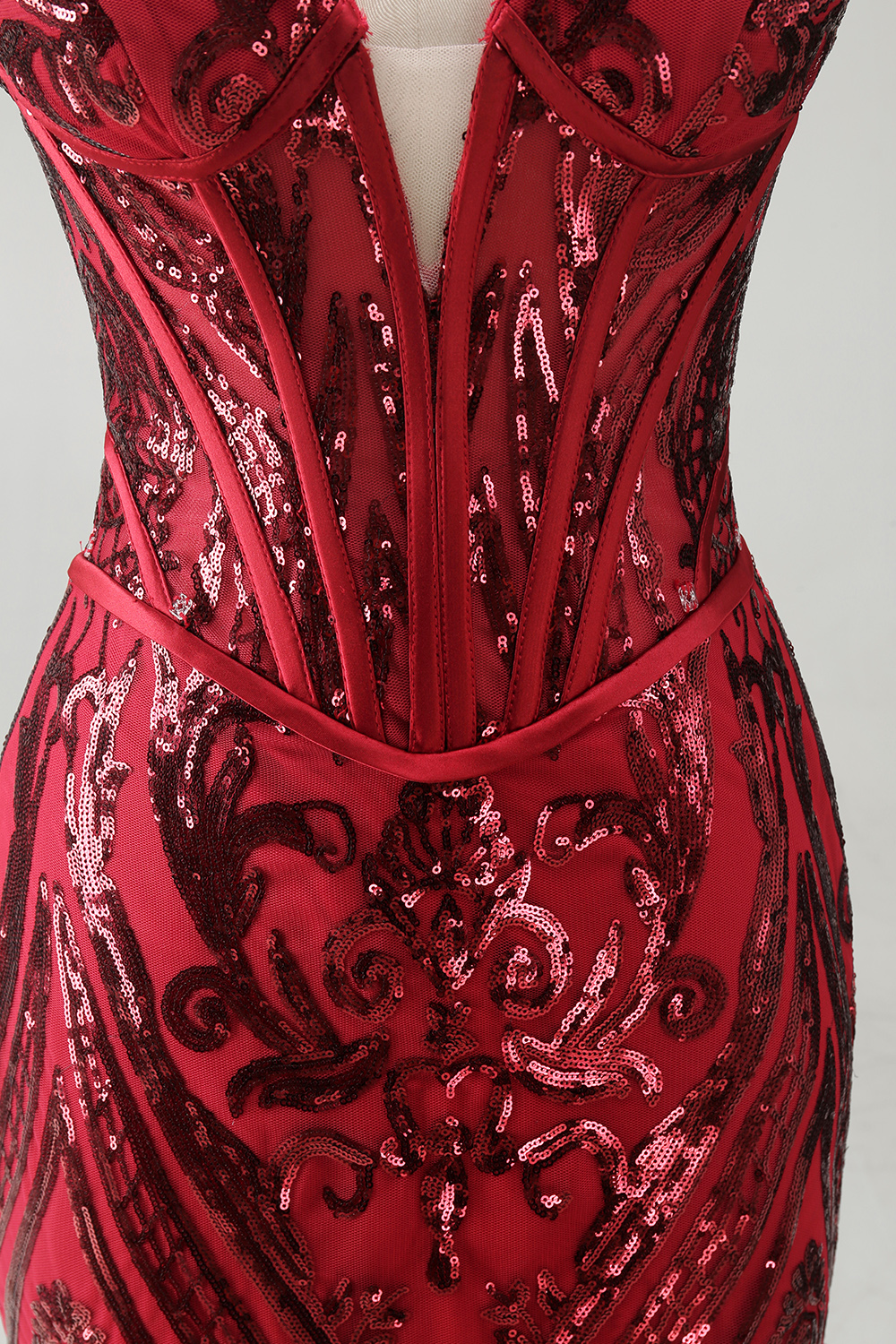 Sparkly Red Mermaid Corset Strapless Long Beaded Pageant Dress with Slit