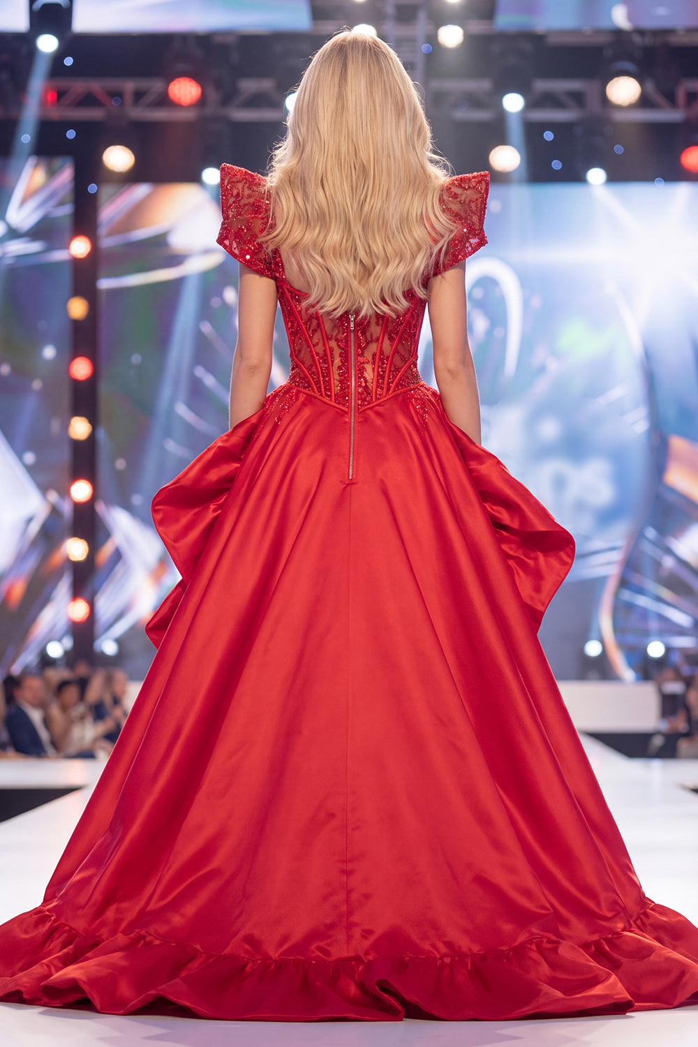 Sparkly Red V-Neck Mermaid Corset Long Beaded Pageant Dress with Slit