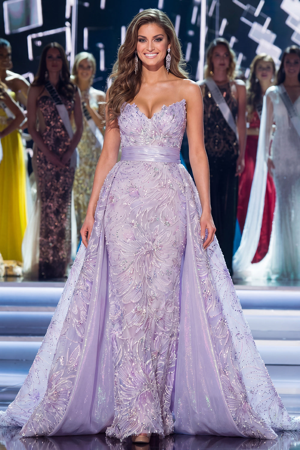 Sparkly Lilac Floral Strapless Mermaid Long Beaded Pageant Dress with Cape