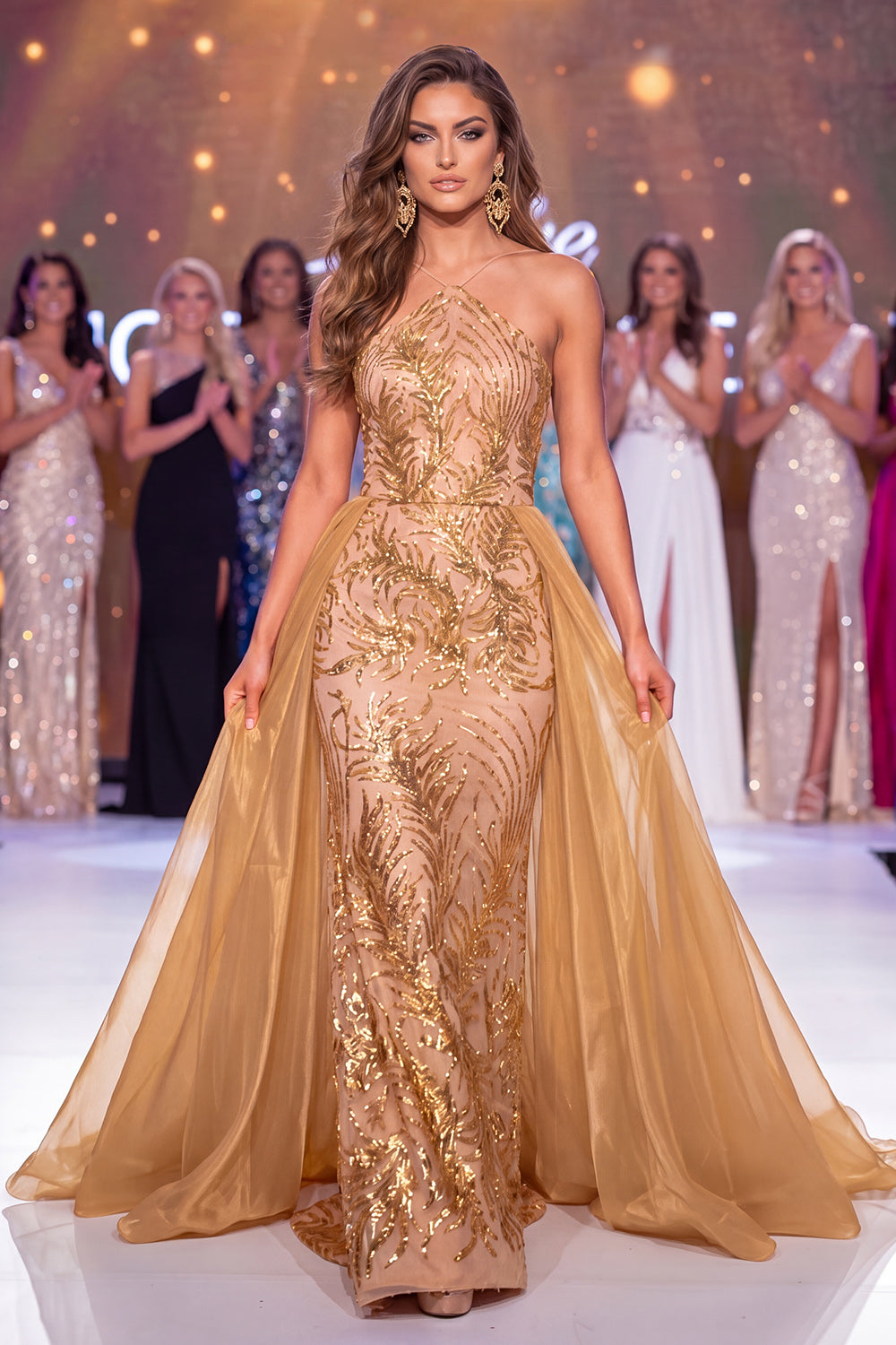 Sparkly Golden Halter Mermaid Long Sequin Pageant Dress with Cape