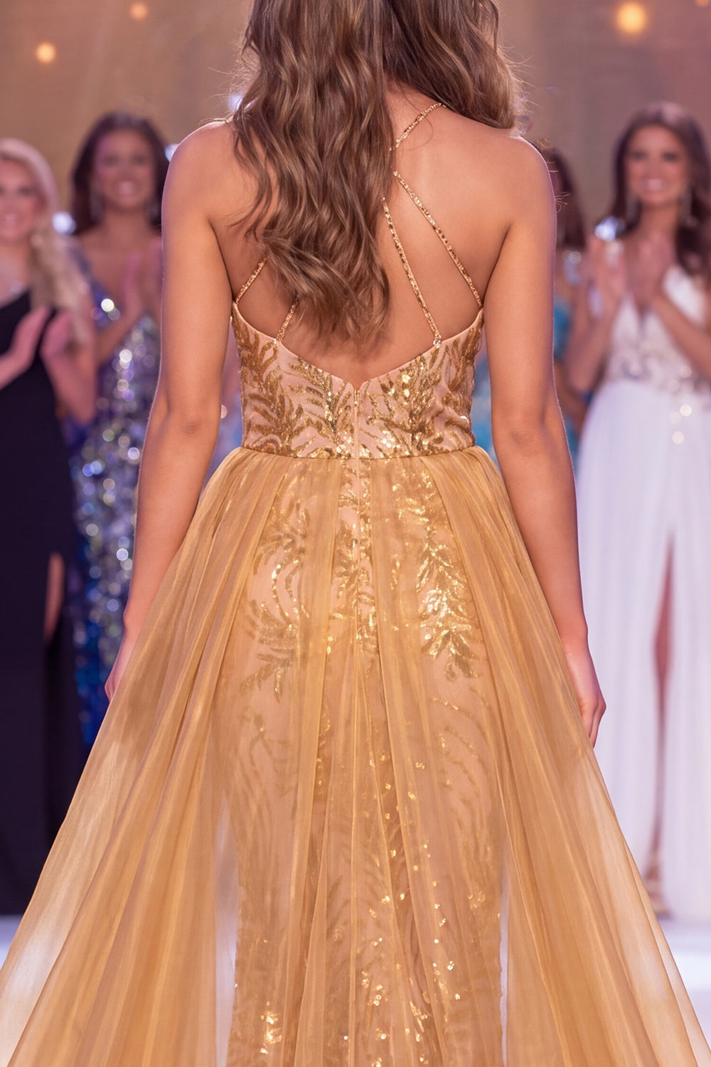 Sparkly Golden Halter Mermaid Long Sequin Pageant Dress with Cape