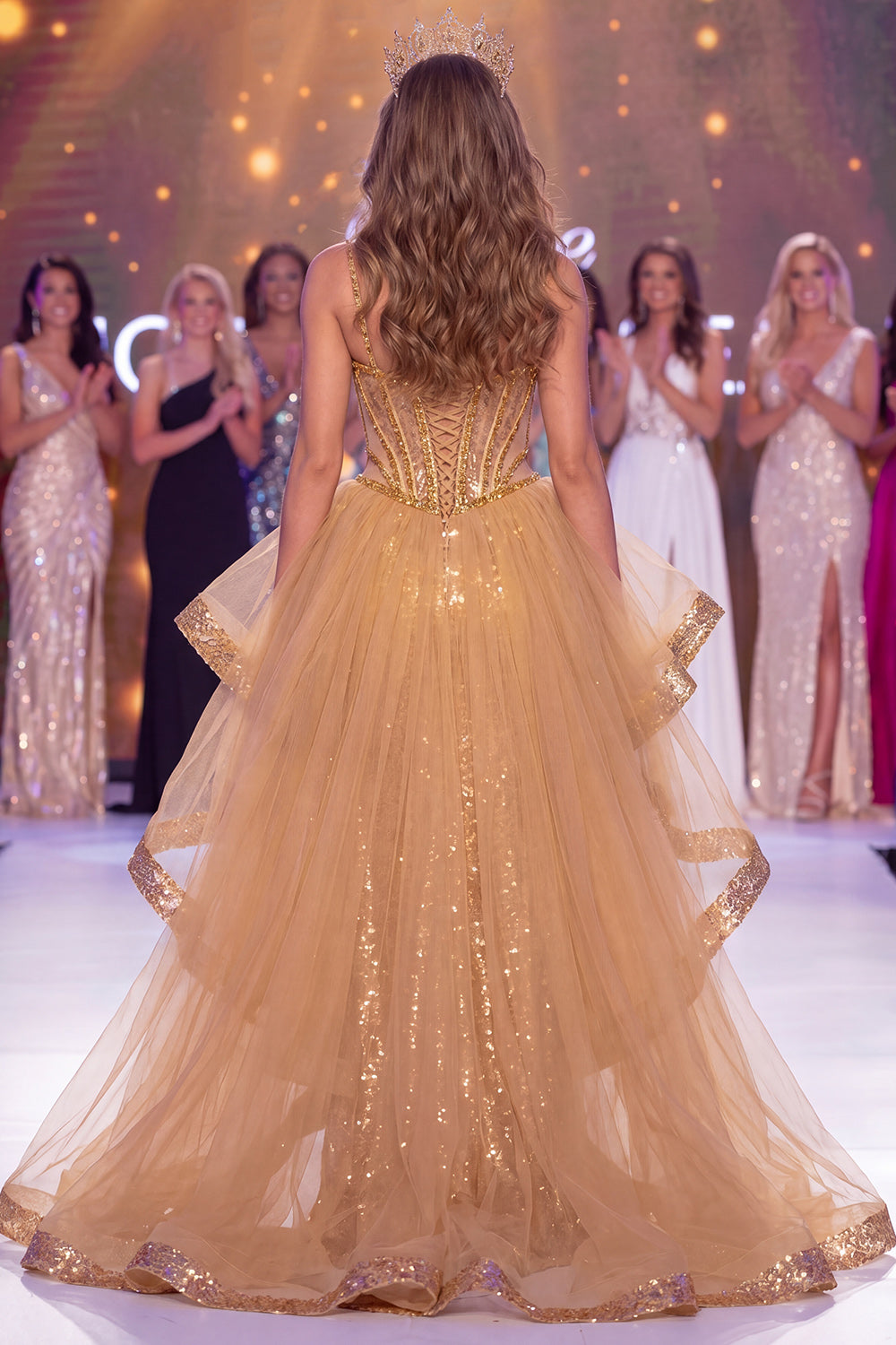 Sparkly Golden Corset Sequin Mermaid Long Ruffled Beaded Pageant Dress with Slit