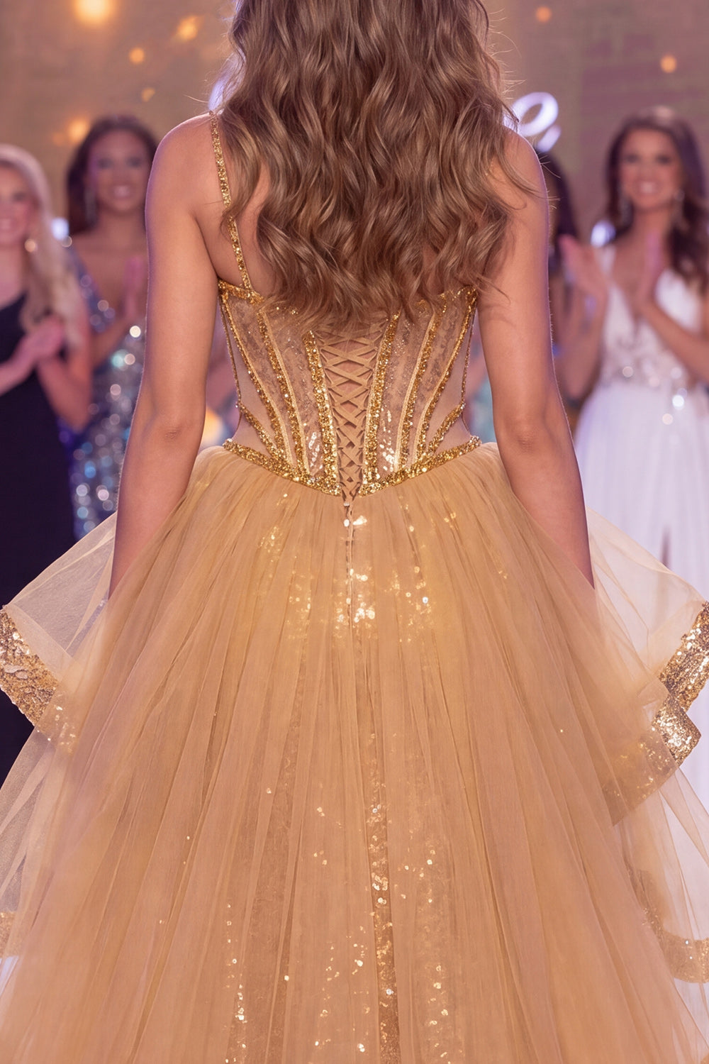 Sparkly Golden Corset Sequin Mermaid Long Ruffled Beaded Pageant Dress with Slit