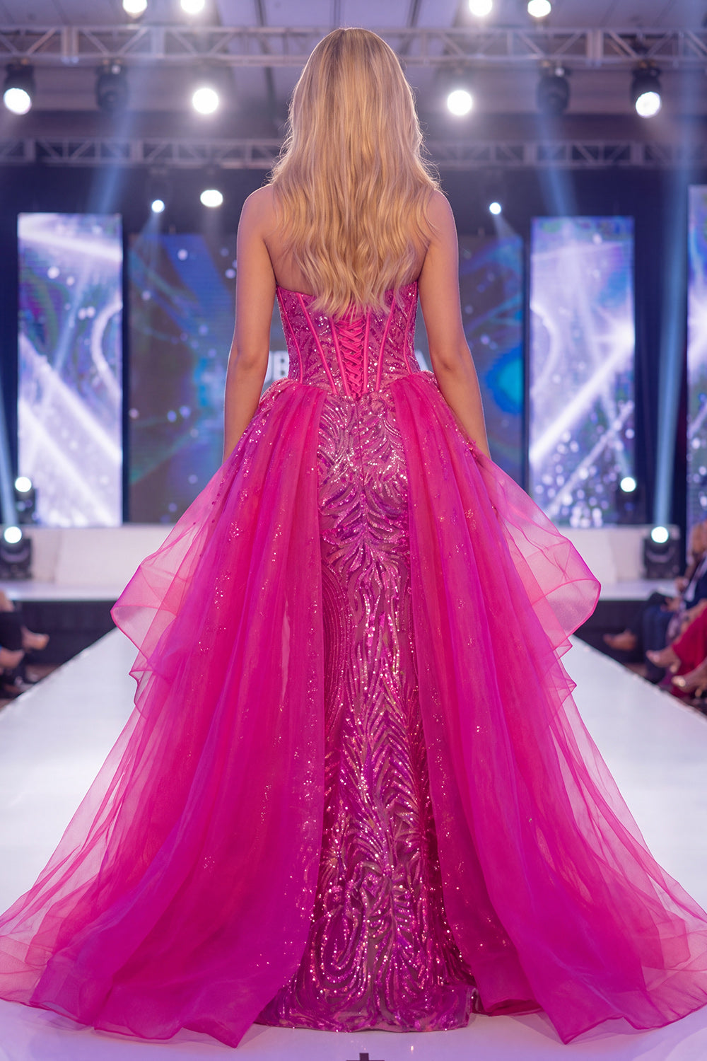 Sparkly Fuchsia Corset Mermaid Long Beaded Ruffled Pageant Dress with Cape