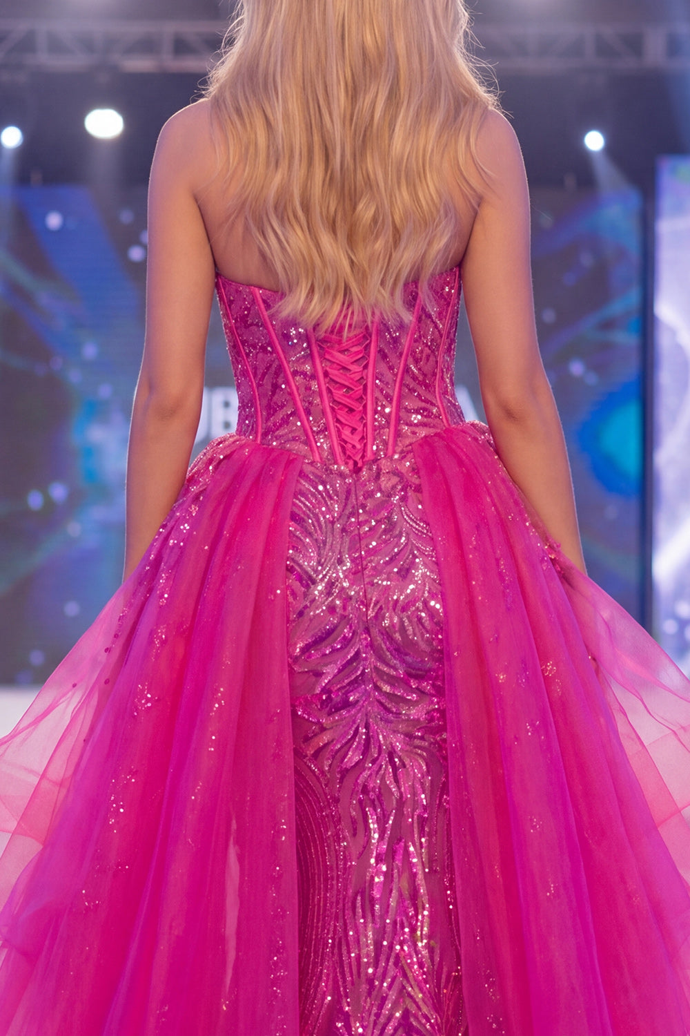 Sparkly Fuchsia Corset Mermaid Long Beaded Ruffled Pageant Dress with Cape