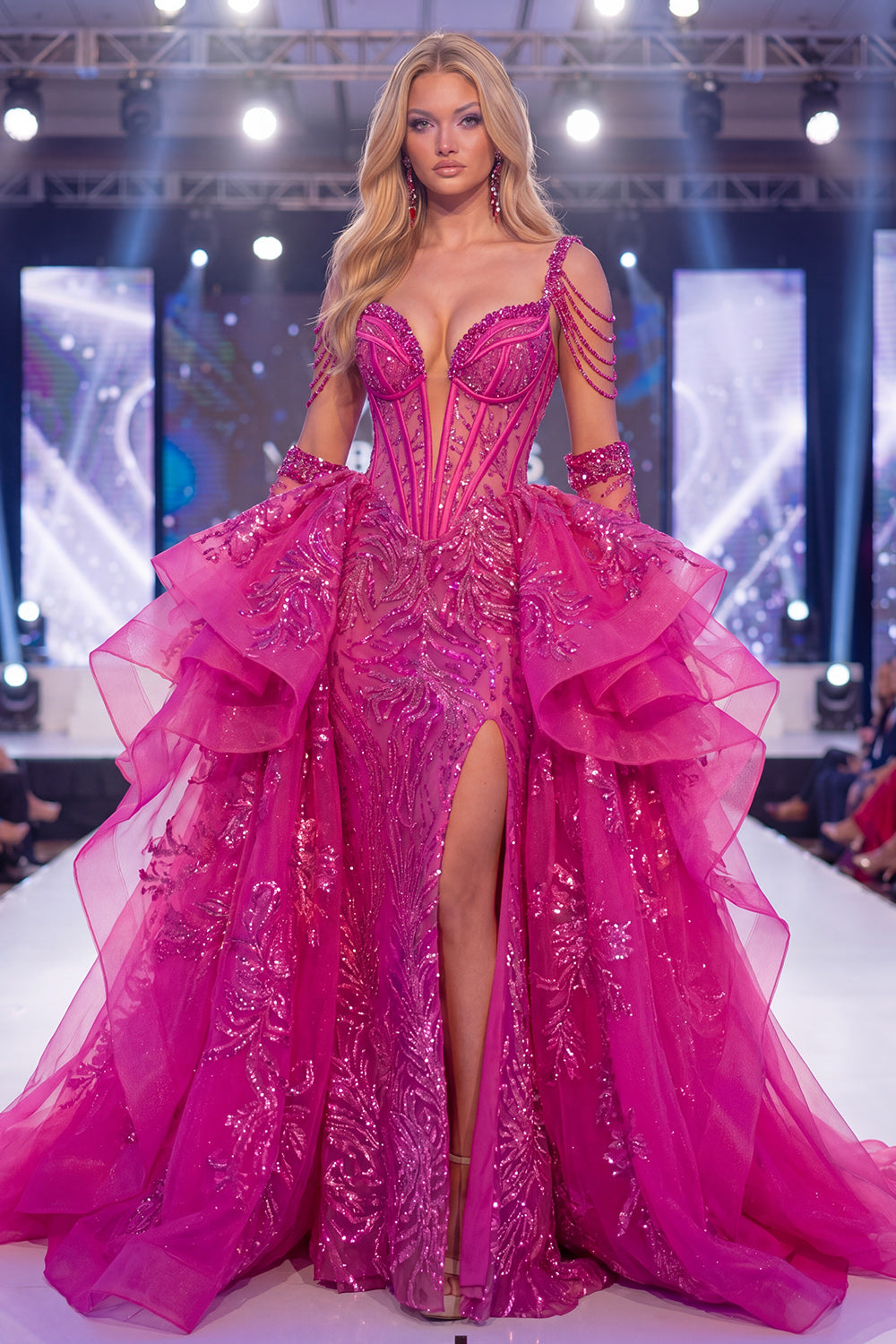 Sparkly Fuchsia Mermaid Corset Long Beaded Ruffled Pageant Dress with Cape
