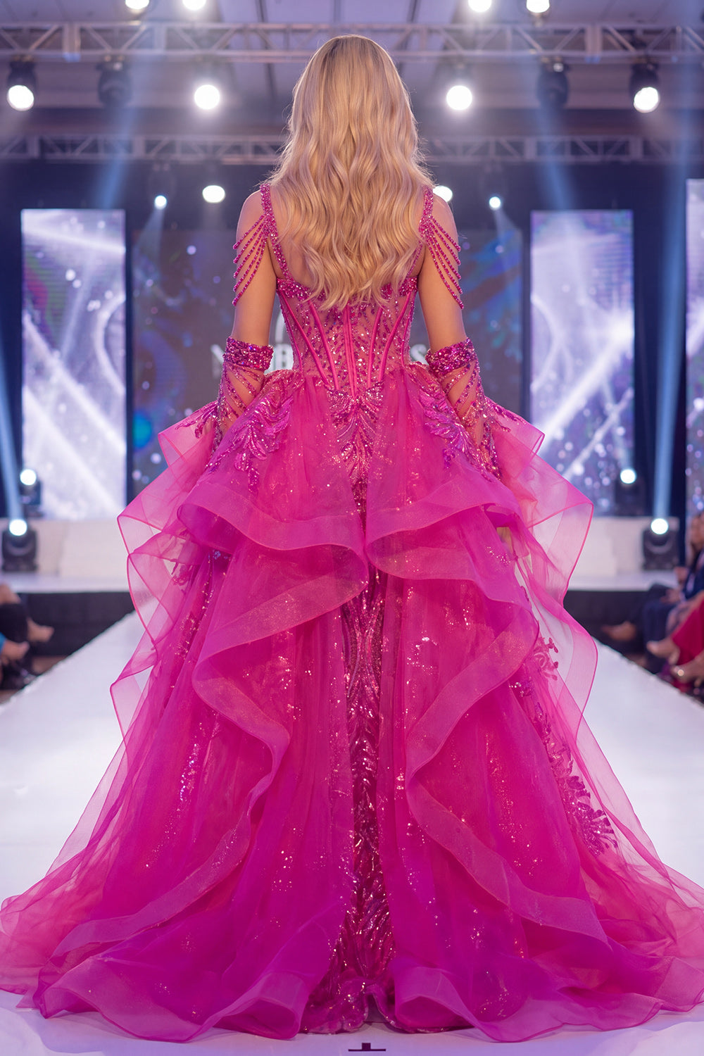 Sparkly Fuchsia Mermaid Corset Long Beaded Ruffled Pageant Dress with Cape