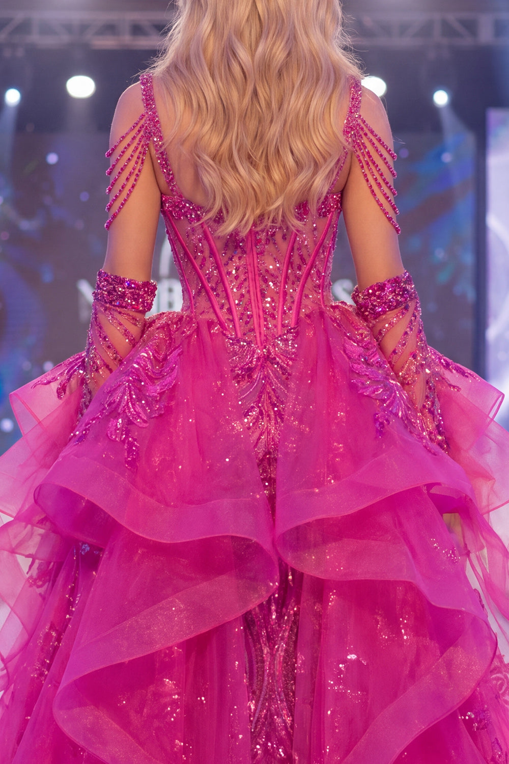 Sparkly Fuchsia Mermaid Corset Long Beaded Ruffled Pageant Dress with Cape