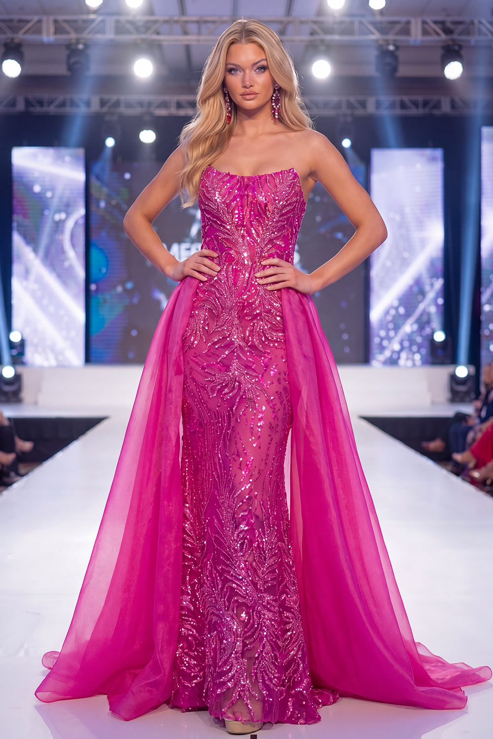 Mermaid Strapless Sparkly Fuchsia Long Beaded Pageant Dress with Cape