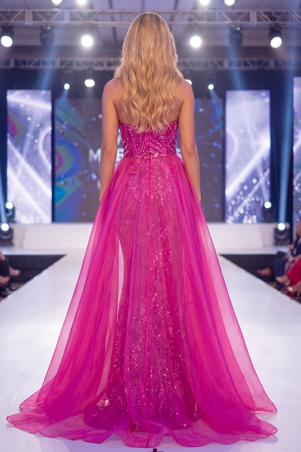 Mermaid Strapless Sparkly Fuchsia Long Beaded Pageant Dress with Cape