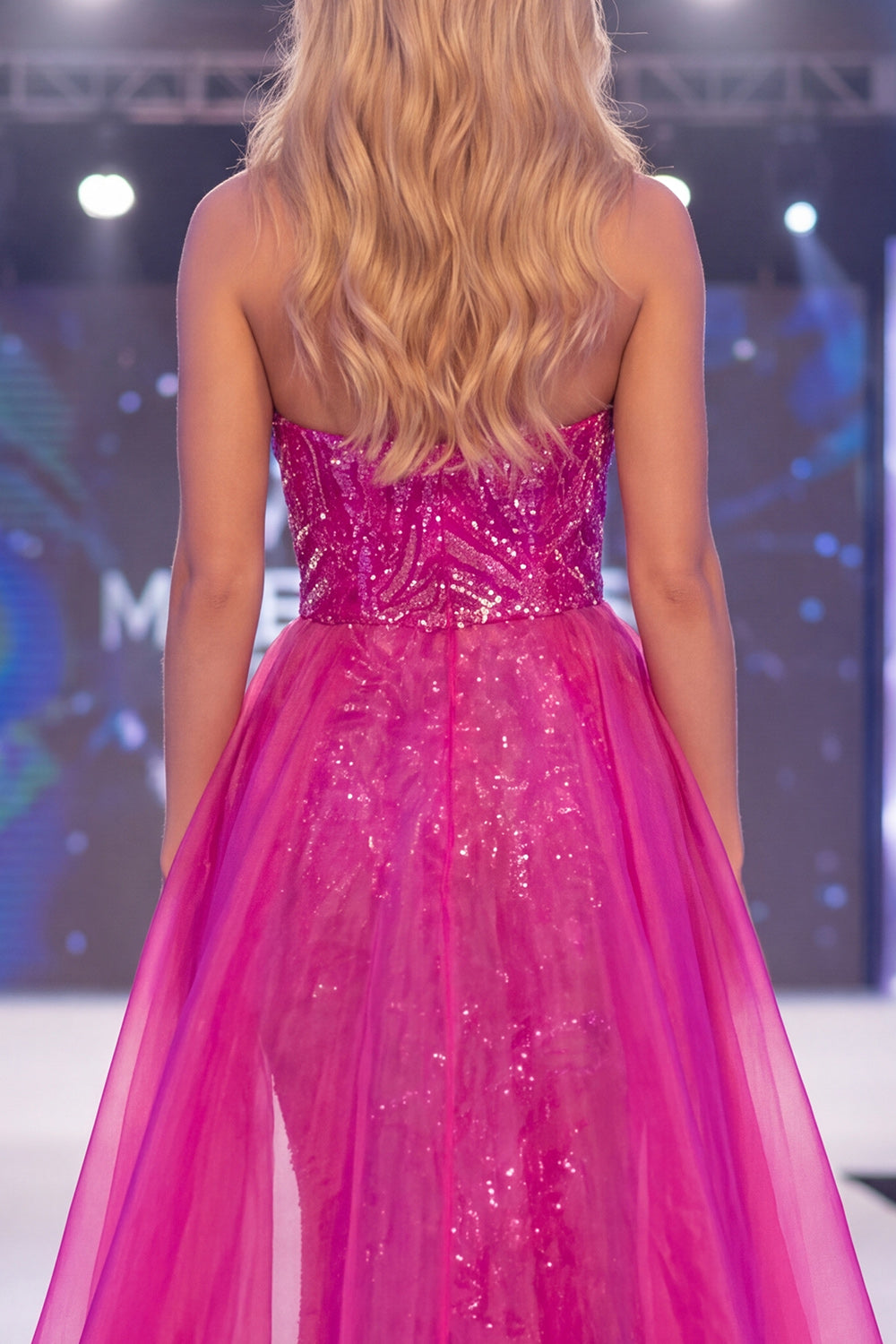 Mermaid Strapless Sparkly Fuchsia Long Beaded Pageant Dress with Cape