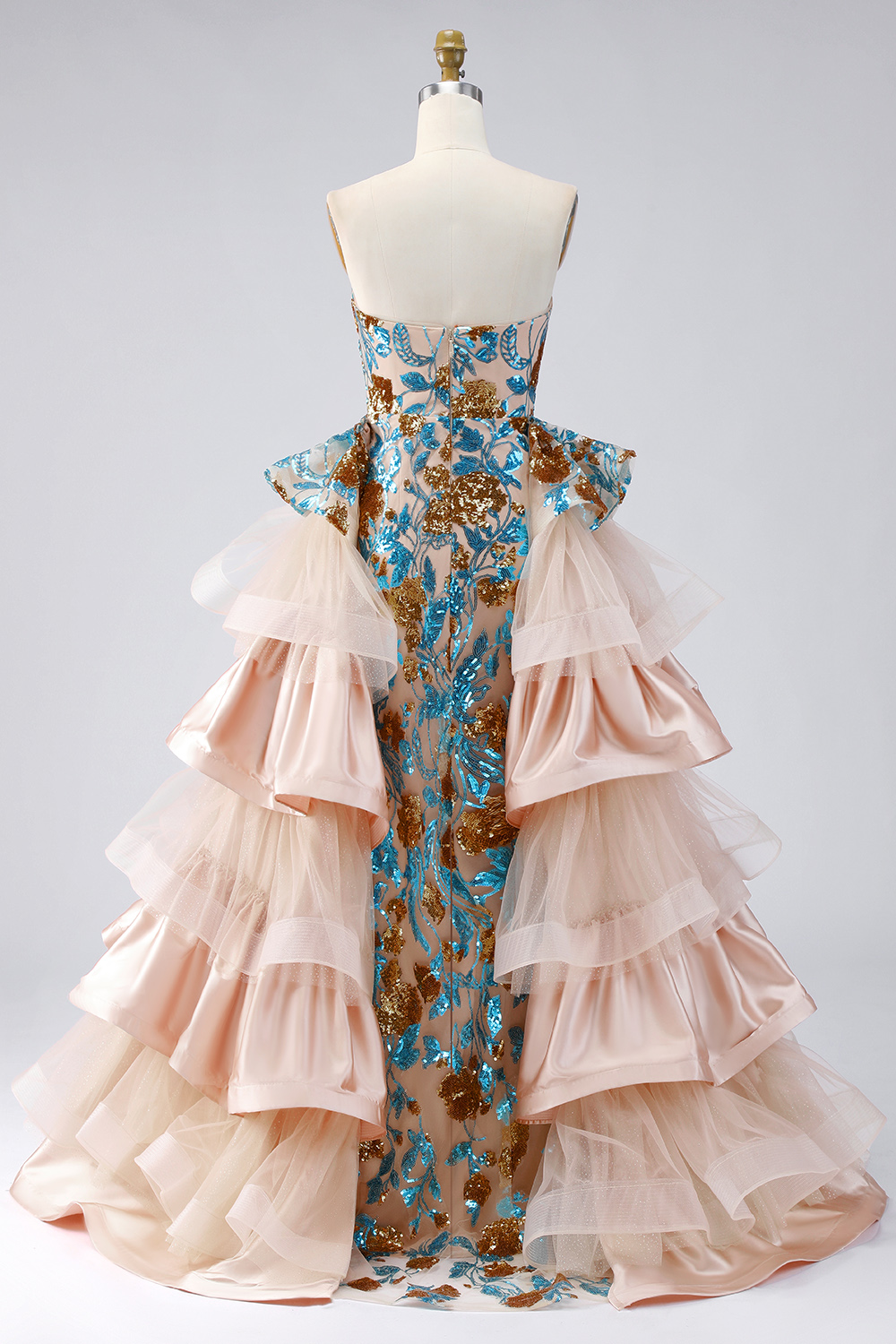 Floral Ruffled Sparkly Blue Strapless Mermaid Long Beaded Pageant Dress with Slit