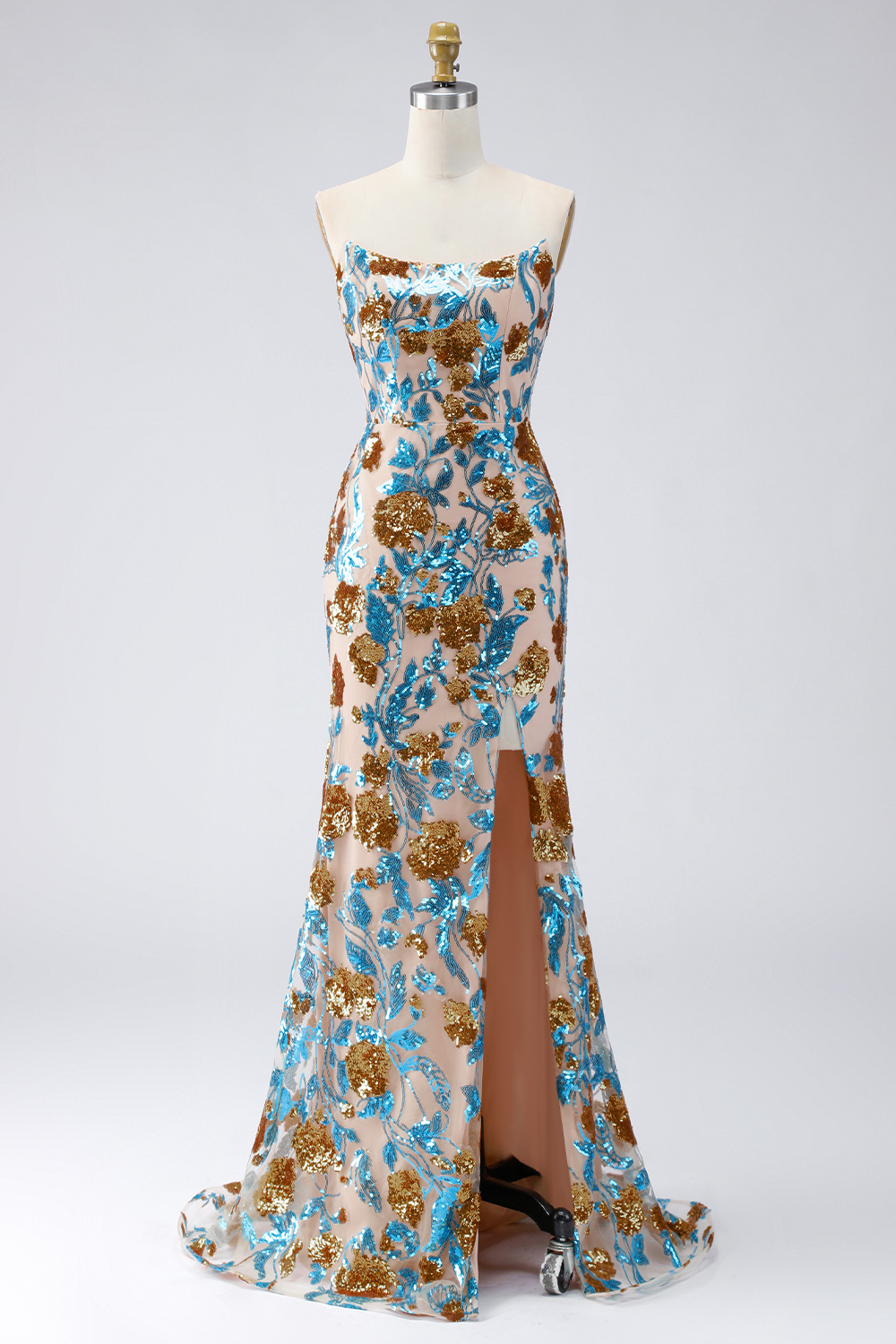 Floral Ruffled Sparkly Blue Strapless Mermaid Long Beaded Pageant Dress with Slit