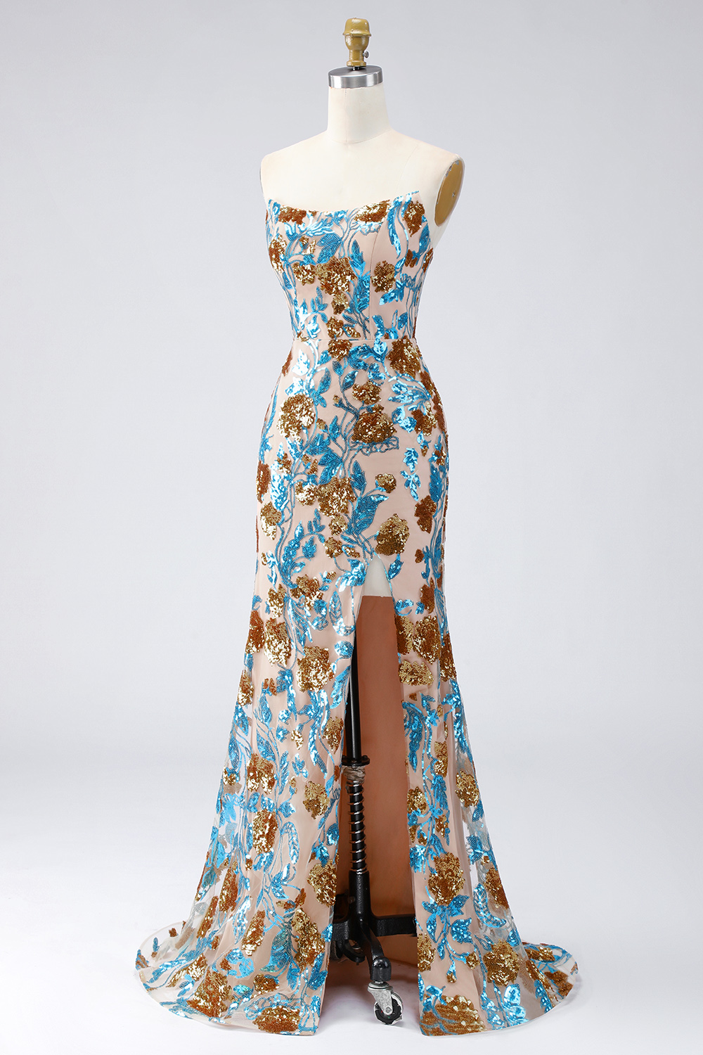 Floral Ruffled Sparkly Blue Strapless Mermaid Long Beaded Pageant Dress with Slit