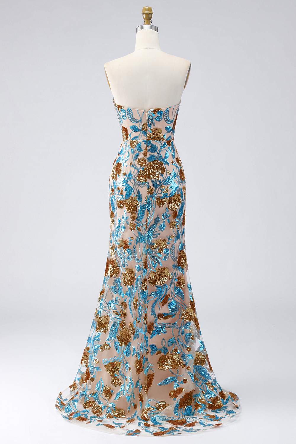 Floral Ruffled Sparkly Blue Strapless Mermaid Long Beaded Pageant Dress with Slit