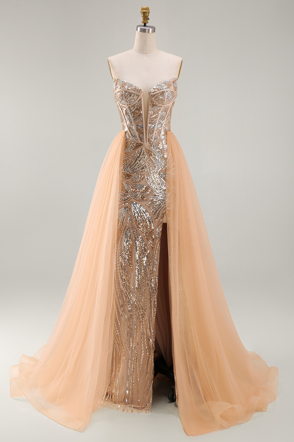 Beaded Sparkly Champagne Strapless Corset Mermaid Long Pageant Dress with Cape